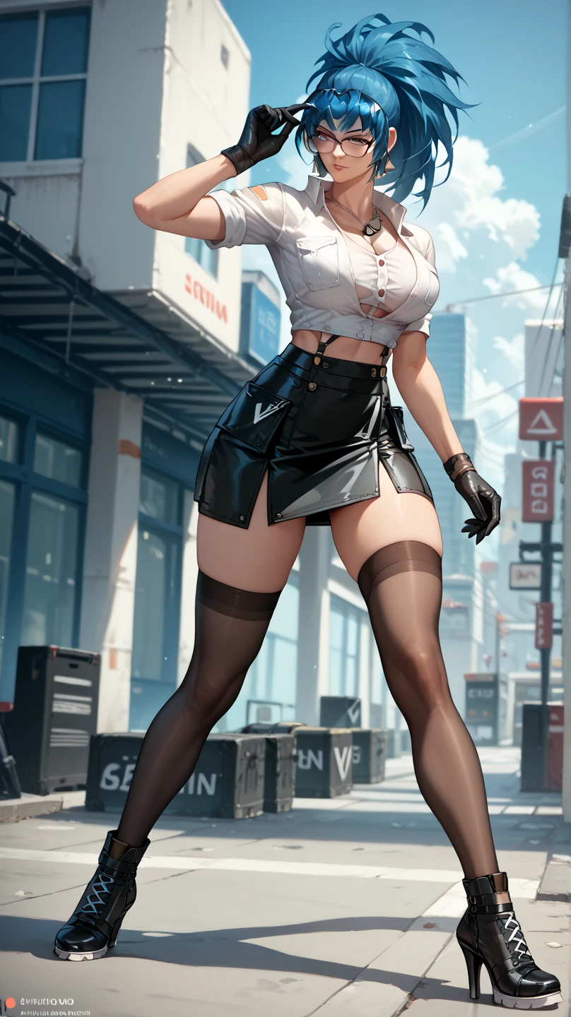 Sexy leona heidern,  Dark blue hair , triangle earrings, condog tags, at a military station , with glasses, white button-down shirt, with neckline,  tight black mini skirt ,  black silk stockings ,  high heel shoes, 