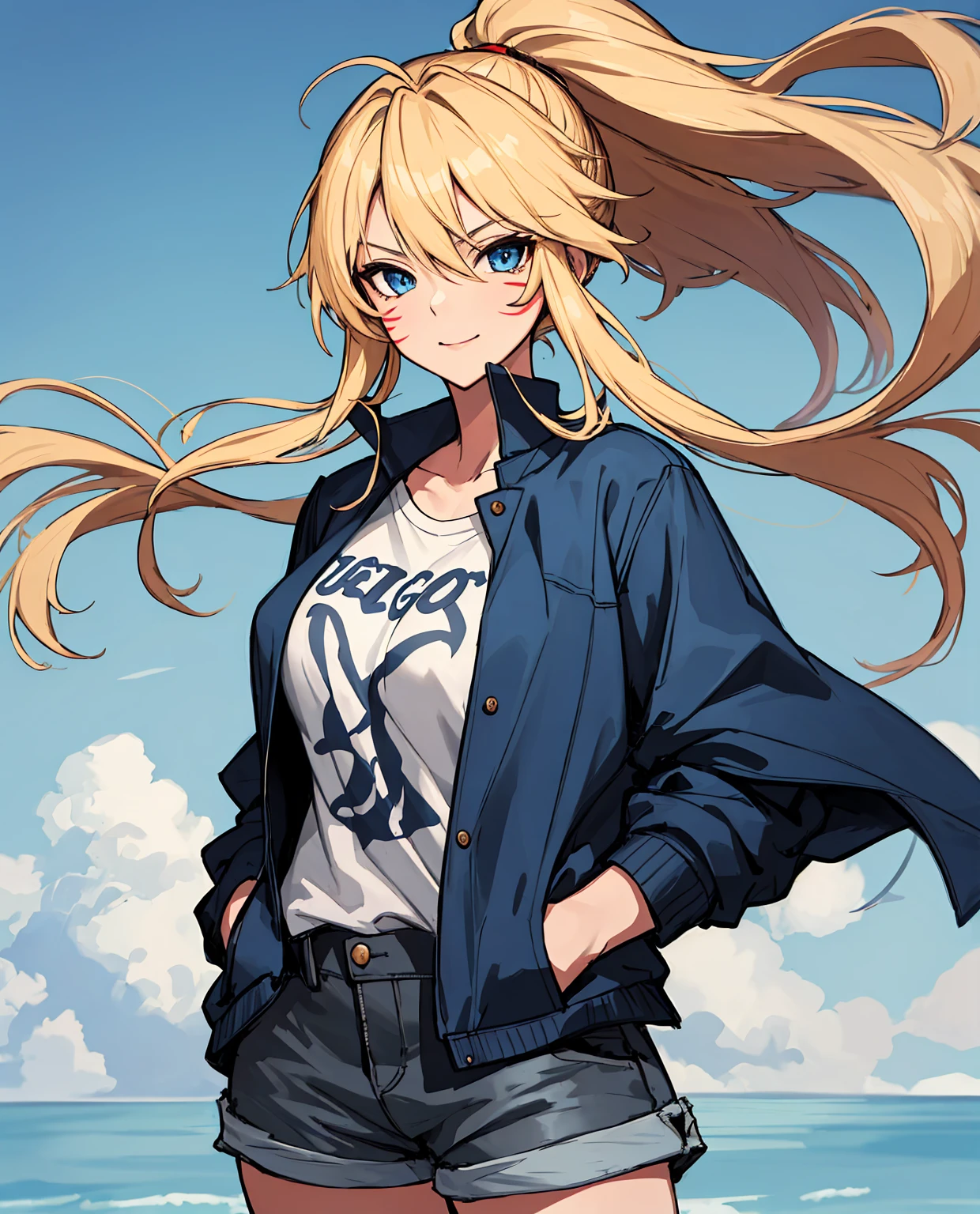 (masterpiece), best quality, expressive eyes, highres, anatomically correct, 1girl, perfect face, perfect hands, female, long hair, fair skin, large chest, cowboy shot, half body, perfect anatomy, blonde colored hair, adult female, mature female, attractive, flowing hair, wearing an eyepatch, strong, hero, knight, brave, spunky, friendly, fun, unique, casual wear, messy hair, half body shot, cowboy shot, symmetrical features, friendly, sarcastic, fun, hero, unique, t-shirt, gray shorts, long jacket, sky blue jacket, flowing clothes, flowing hair, wind, windy, hands in pockets, blue eyes, hair over shoulders, laid back, confident, medieval-armor-girl, 1girl, blonde hair, facial mark, hand on hip, knight, artoria lancer, ponytail, face marks, facial markings, 