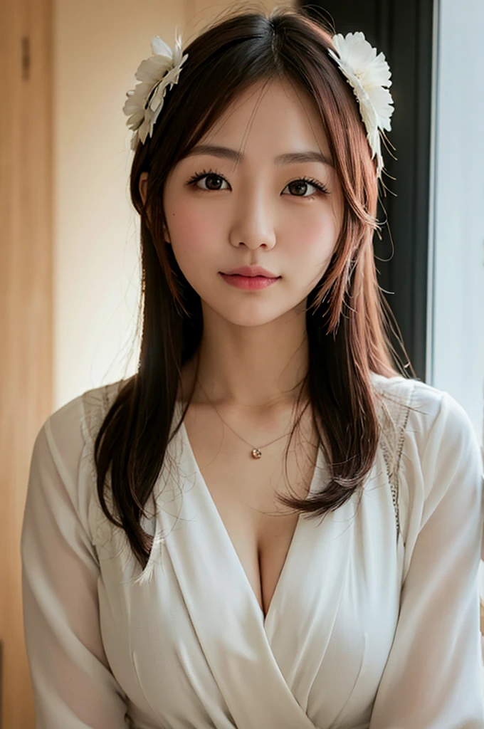  Japanese woman dressed elegantly under natural light 、 in close-up capturing her chest and gentle expression 、 shows her inner peace and outer charm。