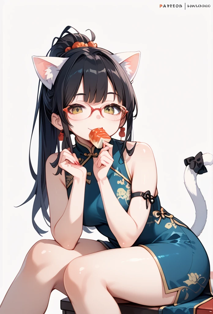 Black hair, cat ears, glasses, tail, Chinese dress, Chinese food, 