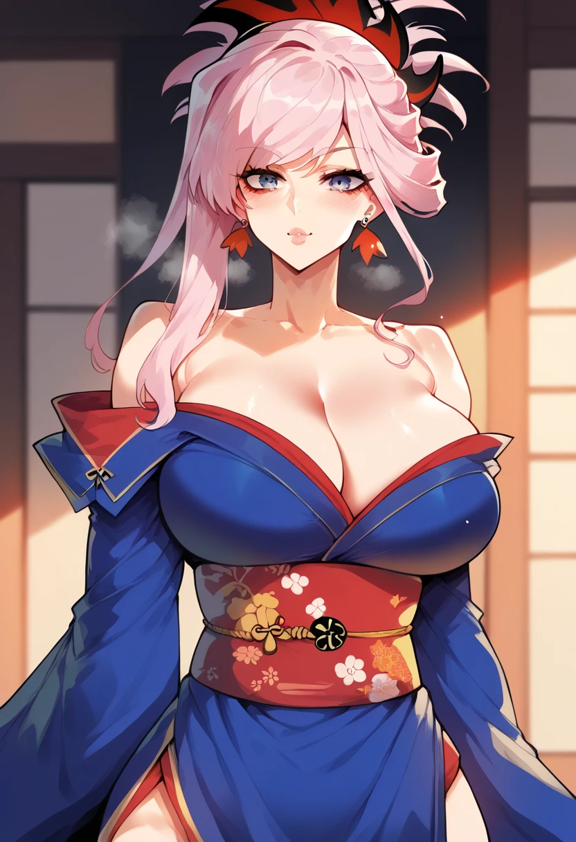 (masterpiece), best quality, expressive eyes, perfect face, big breasts, fit body, hourglass figure, wide hips, athletic, toned, decolette, collarbone, cleavege, miyamoto musashi, asymmetrical hair, blue eyes, earrings, hair ornament, pink hair, ponytail, sidelocks,
bare shoulders, blue kimono, detached sleeves, elbow sleeve, japanese clothes, kimono, obi, sash, sleeveless, sleeveless kimono,