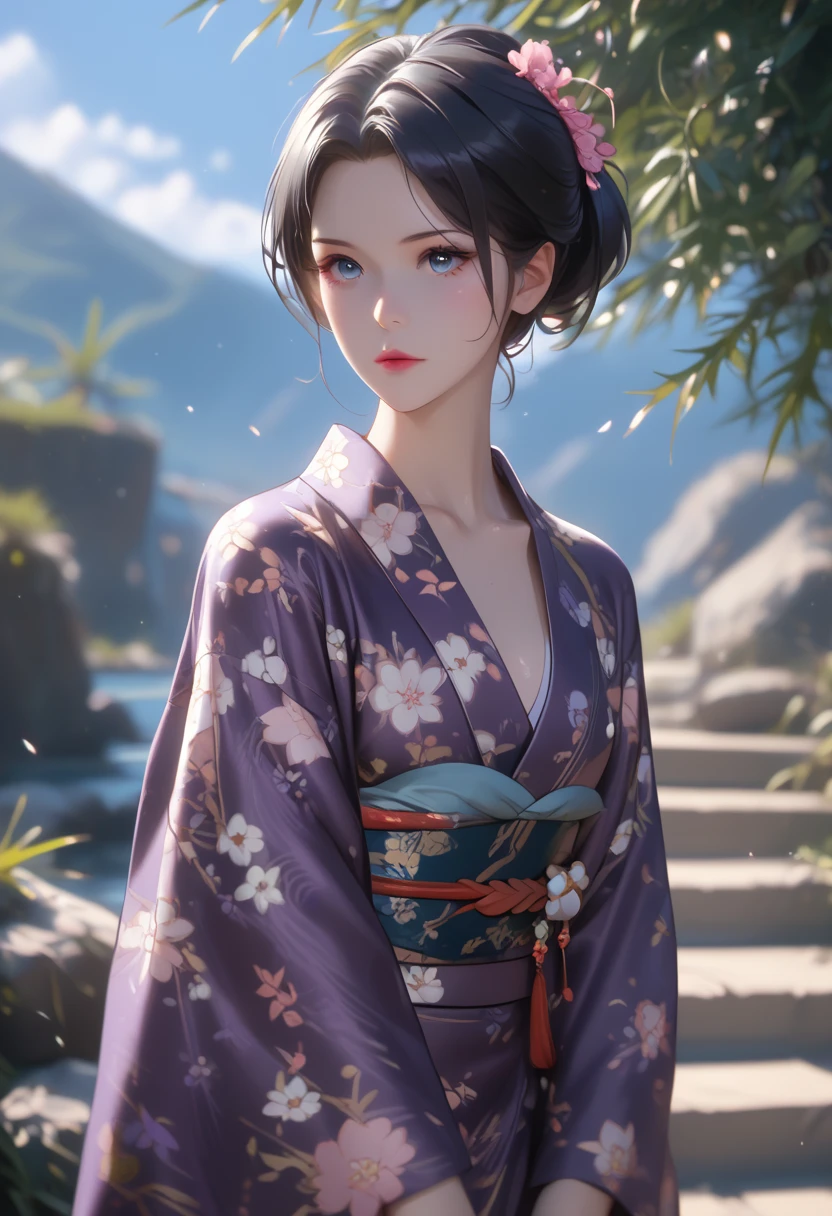 score_9, score_8_up, score_9,  pink lips
Yukinoshitamama, single hair bun, black hair, blue eyes, 
purple kimono, floral print print kimono, black kimono, shippou (pattern)
1girl,solo_focus, shiny skin, gleaming skin, collarbone, eyelashes,  wide_hips, 
cowboy shot, huge breasts,   
