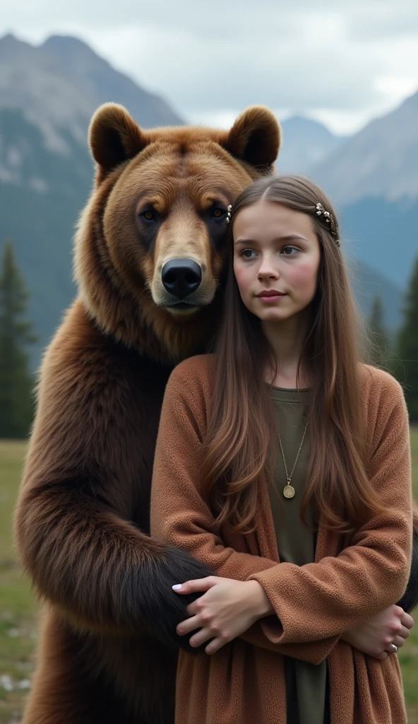 Girl standing in the snow, her hair is flying in the wind, and her eyes sparkle with fear. Next to her is a magnificent bear, his fur glistens in the sun. They are in a mysterious clearing deep in the forest of Siberia. The girl feels in some danger, but at the same time, the bear somehow strangely touches her with its power and beauty.