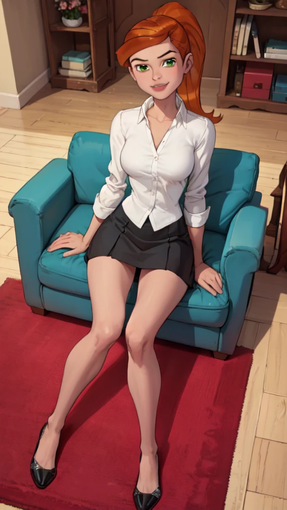 1 girl,(solo), (masterpiece:1.2), (high quality:1.0),looking at viewer, (ultra detailed),smile,pony tail,orange hair, green eyes, Gwen Tennyson, blue and white sweet shirt cat logo,black short skirt, (front view) medium body,full body view,seduing pose,lying on couch ,legs toward the viewer, extremely detailed legs,black transparent leggings(ultra detailed).