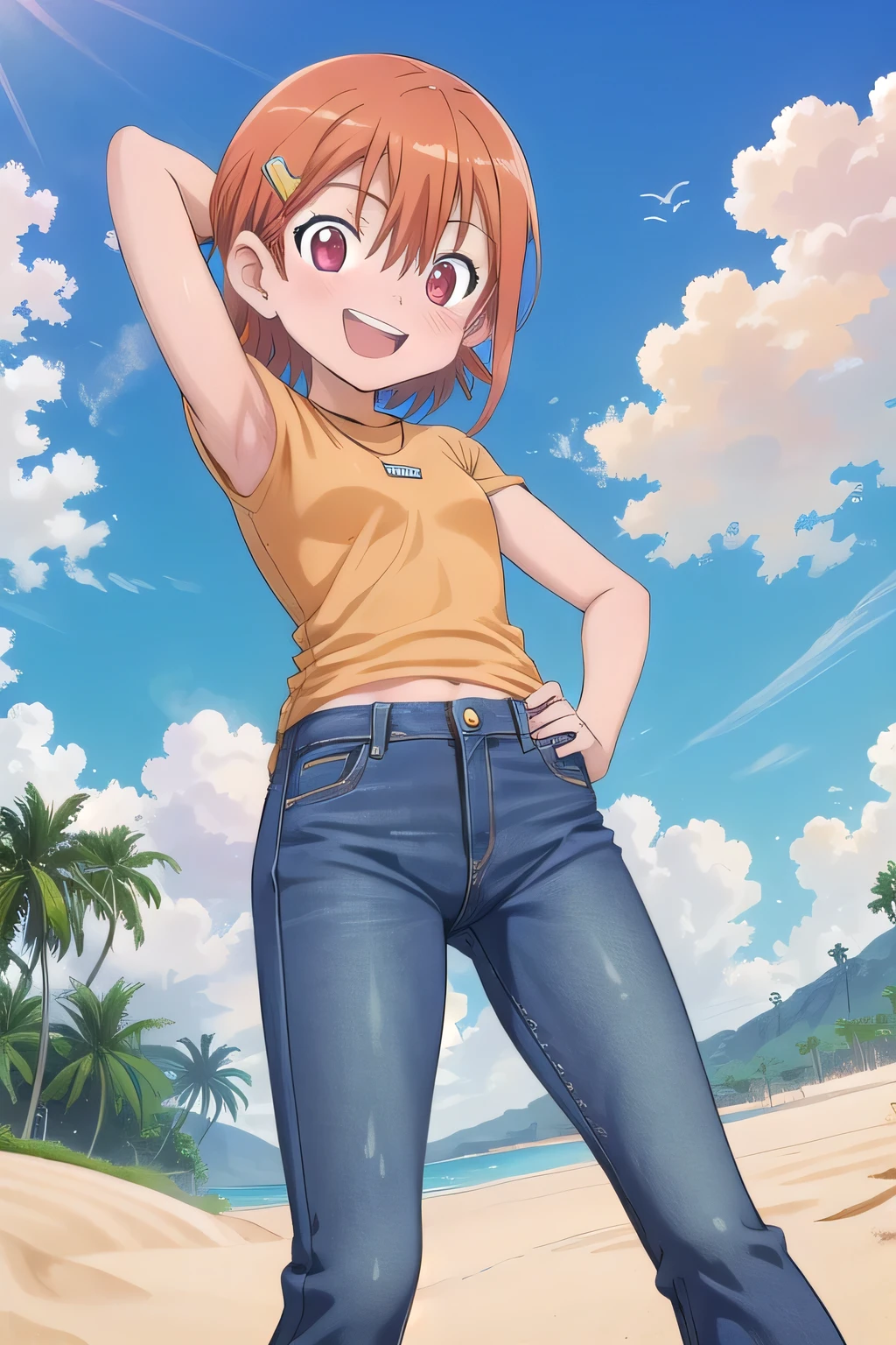 masterpiece,best quality,ultra detail,1girl, 14yo, petite, ((round face, ecstasy, orgasm face, drooping eyes, shame smiling, blush)), dropping eyes, sleepy, background((under the beach, (day:1.2), under sand beach, bright sky)), takenouchi_sora, short hair, orange hair, red eyes, arms behind head, contrapposto, spread armpits, looking at viewer,, loose shirt, Yellow T-shirt, (jeans pants:1.2, flares jeans:1.2, skinny jeans:1.2, blue jeans:1.2), standing, (legs spread:3:1), dynamic pose, Sweaty crotch, Steam from the crotch, from below, full body