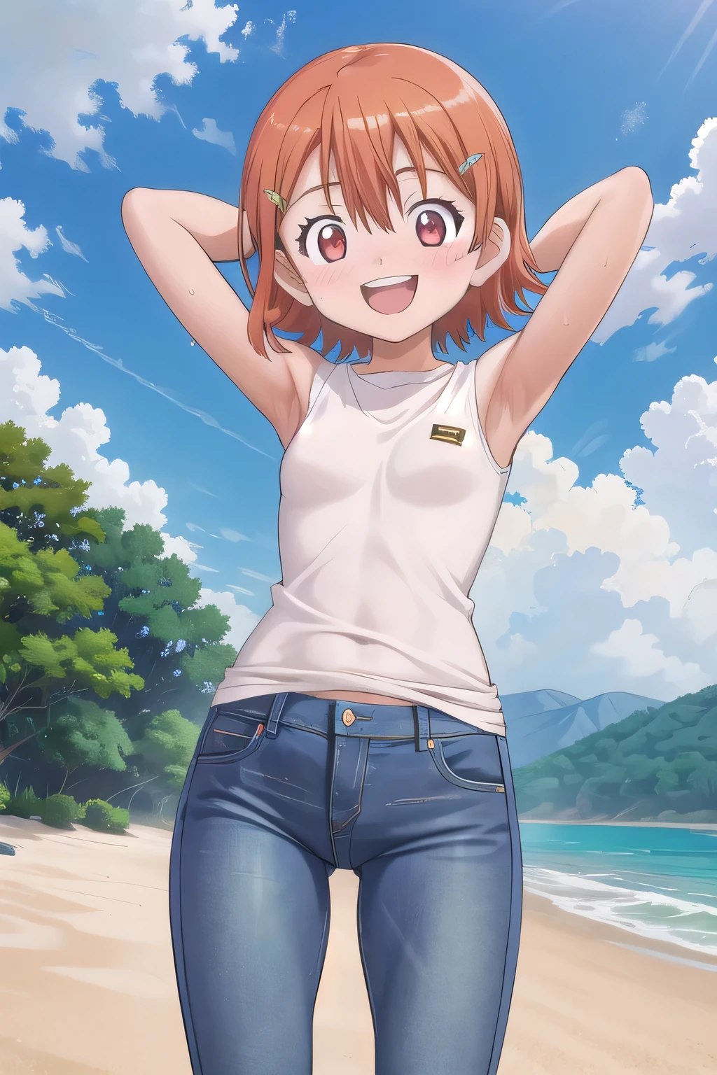 masterpiece,best quality,ultra detail,1girl, 14yo, petite, ((round face, ecstasy, orgasm face, drooping eyes, shame smiling, blush)), dropping eyes, sleepy, background((under the beach, (day:1.2), under sand beach, bright sky)), takenouchi_sora, short hair, orange hair, red eyes, arms behind head, contrapposto, spread armpits, looking at viewer,, loose shirt, Yellow T-shirt, (jeans pants:1.2, flares jeans:1.2, skinny jeans:1.2, blue jeans:1.2), standing, (legs spread:3:1), dynamic pose, Sweaty crotch, Steam from the crotch, from below, full body