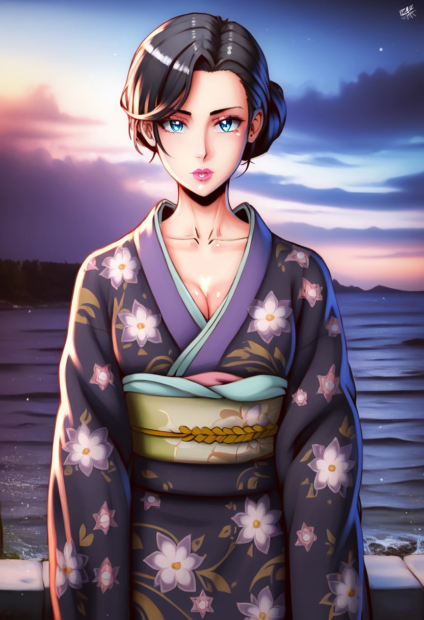 score_9, score_8_up, score_9,  pink lips
Yukinoshitamama, single hair bun, black hair, blue eyes, 
purple kimono, floral print print kimono, black kimono, shippou (pattern)
1girl,solo_focus, shiny skin, gleaming skin, collarbone, eyelashes,  wide_hips, 
cowboy shot, huge breasts,   HDR, 8k, masterpiece, best quality, amazing quality, very aesthetic, absurdres, newest, (volumetric lighting), photorealistic, photo background, detailed skin, detailed eyes, detailed hair, fantasy, ,Pachu illustration Style,masterpiece, best quality, amazing quality, very aesthetic, absurdres, newest, (volumetric lighting, scenery),
