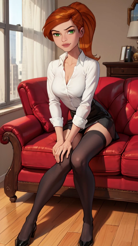 1 girl,(solo), (masterpiece:1.2), (high quality:1.0),looking at viewer, (ultra detailed),smile,pony tail,orange hair, green eyes, Gwen Tennyson, blue and white sweet shirt cat logo,black short skirt, (front view) medium body,full body view,seduing pose,sitting on sofa at home,legs toward the viewer, extremely detailed legs,black transparent leggings(ultra detailed), clevage,super shy seducing look.