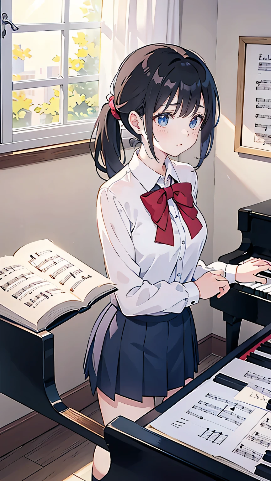 “High school girl standing confidently in her school uniform. She has medium-length black hair tied in a loose ponytail, with a cheerful and determined expression. Her bright eyes reflect her passion for singing and leading her choir. She holds a music sheet in one hand, standing in front of a piano in the music room. The atmosphere is warm and hopeful, with sunlight streaming in through the large windows. Her posture exudes confidence and leadership.”