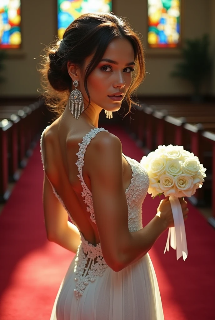 Super Detailed, rear view, a slim muscular lady, prominent muscles, Back double biceps pose, sexy bodybuilder bulging muscles, flexing her natural biceps, suntan skin, shinny sweaty skin, huge biceps, backless white wedding dress, sleeveless, bare shoulders, brown hair, updo, big earrings with fringes and stones, holding a white arm bouquet tied with ribbon, A red carpeted aisle in chapel, The colorful shadows of the stained glass are reflected on her body, natural lighting, sfw