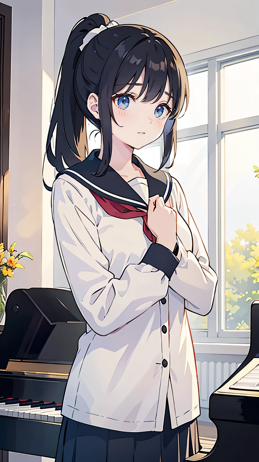 “High school girl standing confidently in her school uniform. She has medium-length black hair tied in a loose ponytail, with a cheerful and determined expression. Her bright eyes reflect her passion for singing and leading her choir. She holds a music sheet in one hand, standing in front of a piano in the music room. The atmosphere is warm and hopeful, with sunlight streaming in through the large windows. Her posture exudes confidence and leadership.”