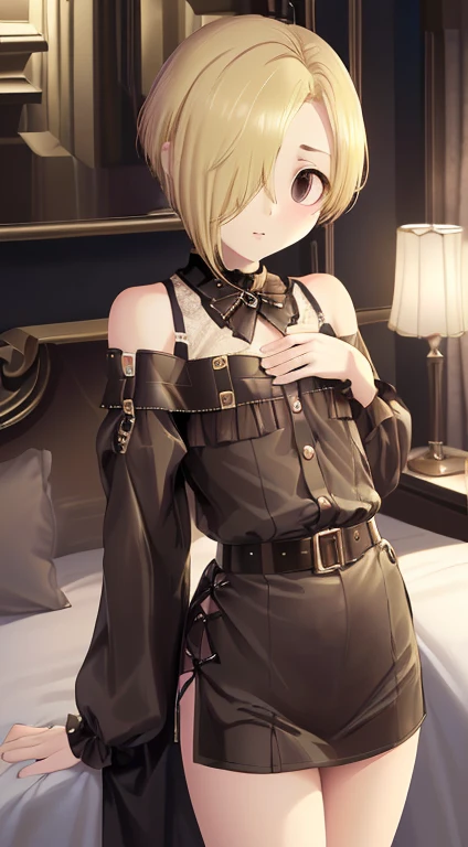 masterpiece,  top quality ,  high res, 1girl  , (whole body,only),,、(( luxury hotel room 、night))、,((Blonde,  bangs catch my eye,  short hair,  brown eyes ,  flat chest, small butt,Hair on one eye, (Hide one eye),, right eye is hidden)), no panties, Gata Belt