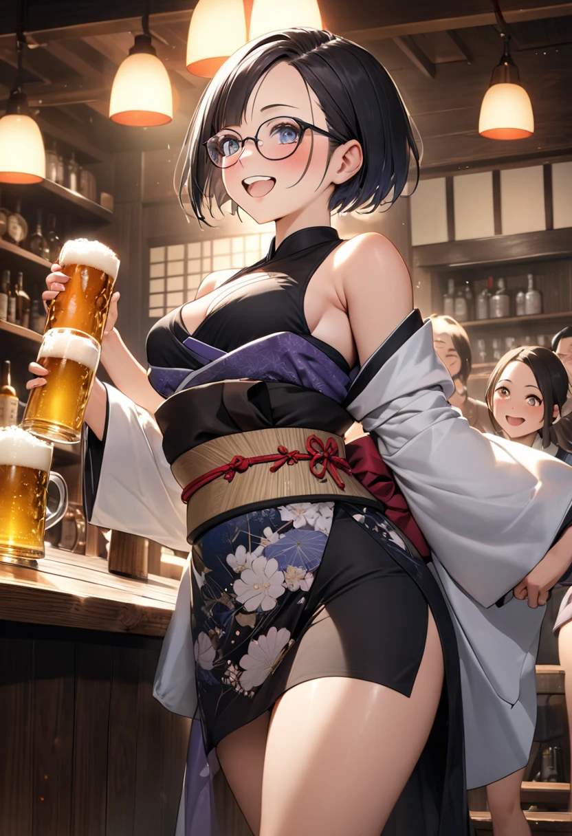 ((masterpiece)), ((Best Quality)), (Ultra-detailed), ((kawaii)), Cute, (lovely), ((Sexy)), (Ero), ((Extremely detailed)), 4K, (8K), Best Quality, (Beautiful), Illustration, Anime style, Painting, Dynamic Angle, Cowboy Shot, (from wildcard), heavy outline, clear outlines, Gradation, full body focus, Inside the bar counter, Cute little girl s, 1girl in, Solo, bartender, Bartender costume, shaker, black hair, Beautiful random colored eyes, ((Beautiful eyes)), White-skinned, short hair, Buttocks, (gigantic and massive tits), glasses, (Light smile:1.2), blush, small open mouth, sparkling effect, Lens Flare, shiny-glistening, gleaming