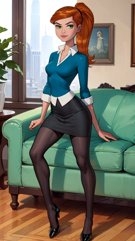 1 girl,(solo), (masterpiece:1.2), (high quality:1.0),looking at viewer, (ultra detailed),smile,pony tail,orange hair, green eyes, Gwen Tennyson, blue and white sweet shirt cat logo,black short skirt, (front view) medium body,full body view,seduing pose,sitting on sofa at home,legs toward the viewer, extremely detailed legs,black transparent leggings(ultra detailed),perfect home look,putting legging on legs 