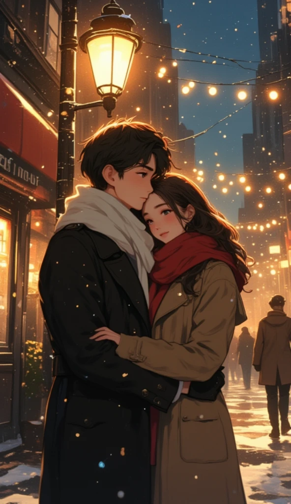 Romantic scene of a young couple on a New York street corner in winter. Handsome young man (wearing black trench coat and white scarf), embracing his beautiful girlfriend from behind. His girlfriend is wearing a red scarf and a beige trench coat. The scene is lit by warm golden light from a vintage style street lamp, snow falls gently around them, the background appears blurred by the twinkling city lights in a Christmas and New Year atmosphere, the two are quiet and intimate.
