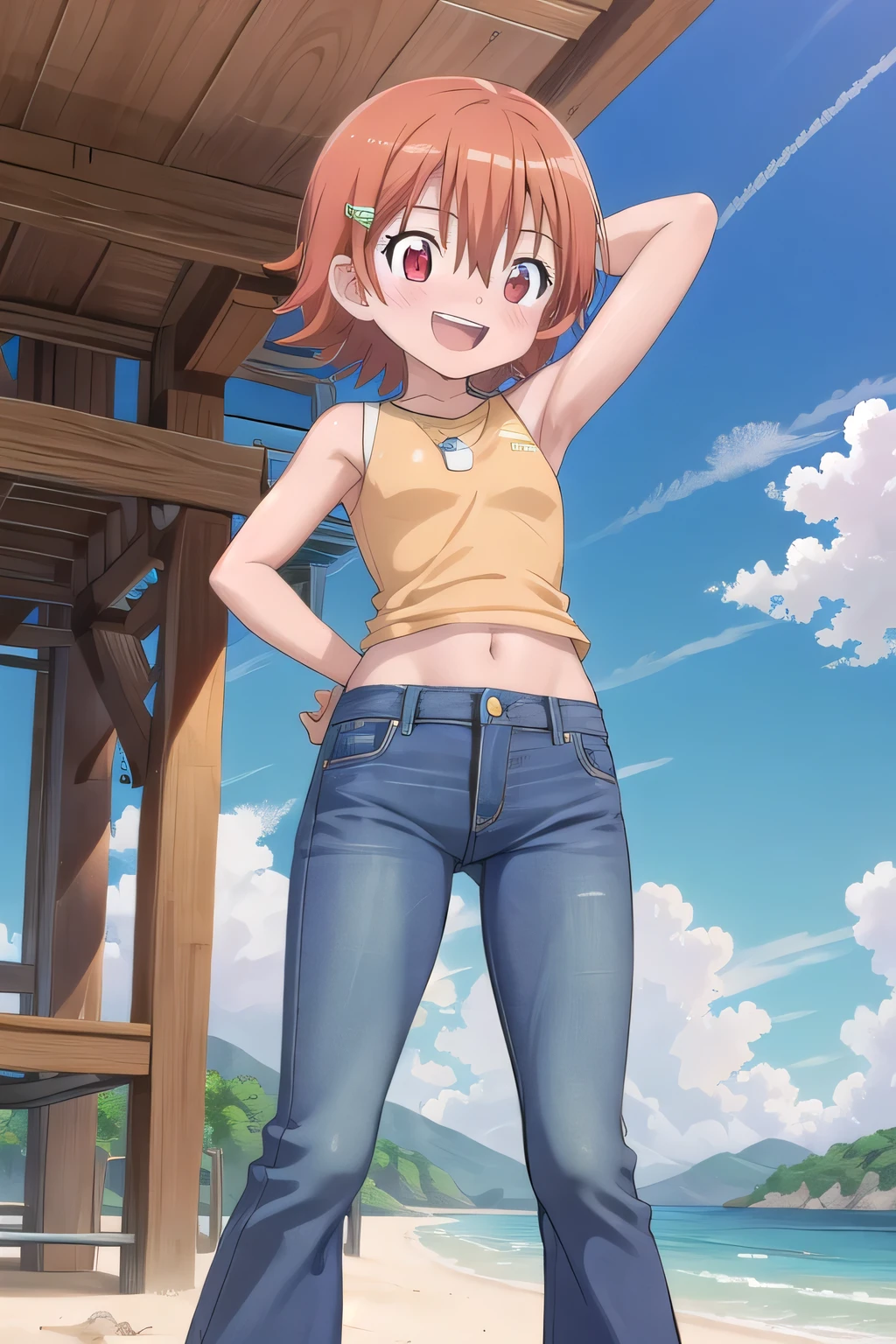 masterpiece,best quality,ultra detail,1girl, 14yo, petite, ((round face, ecstasy, orgasm face, drooping eyes, shame smiling, blush)), dropping eyes, sleepy, background((under the beach, (day:1.2), under sand beach, bright sky)), takenouchi_sora, short hair, orange hair, red eyes, arms behind head, contrapposto, spread armpits, looking at viewer,, loose shirt, Yellow T-shirt, crop tee, sleeveless, (jeans pants:1.2, flares jeans:1.2, skinny jeans:1.2, blue jeans:1.2), standing, (legs spread:3:1), dynamic pose, Sweaty crotch, Steam from the crotch, from below, full body