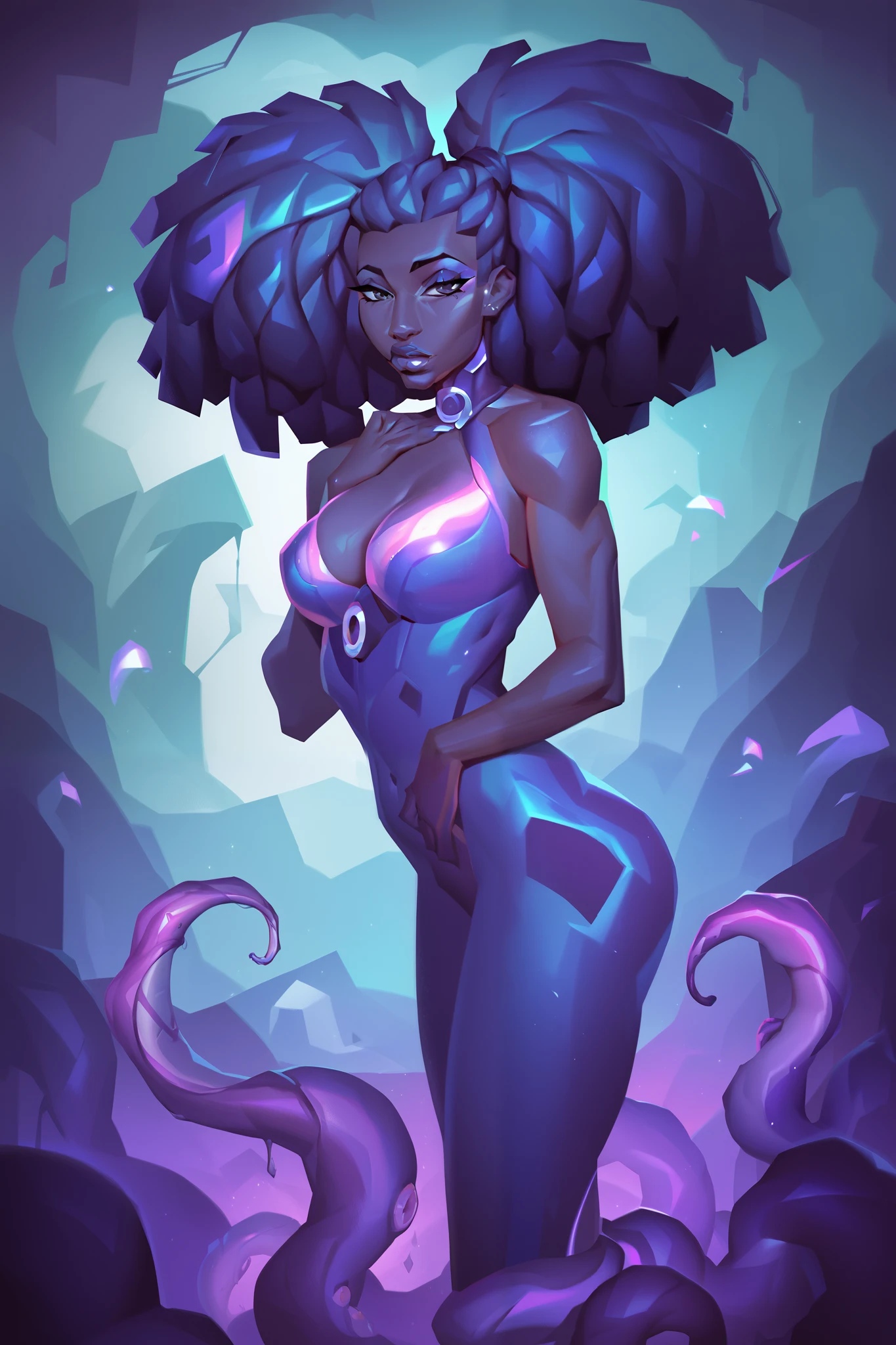 score_9, score_8_up, score_7_up, score_6_up, score_5_up, score_4_up, (masterpiece: 1.0), best quality, perfect anatomy, perfect composition, perfection, painterly, digital painting, portrait. great use of color theory, use of paint glazing, cinematic lighting, solo, dark skin, 1girl, black eyes, blue-skinned female, very dark skin, dreadlock tentacle like hair, looking at viewer, puffy lips, cowgirl shot, digital painting, brush texture, brush strokes, glittery skin