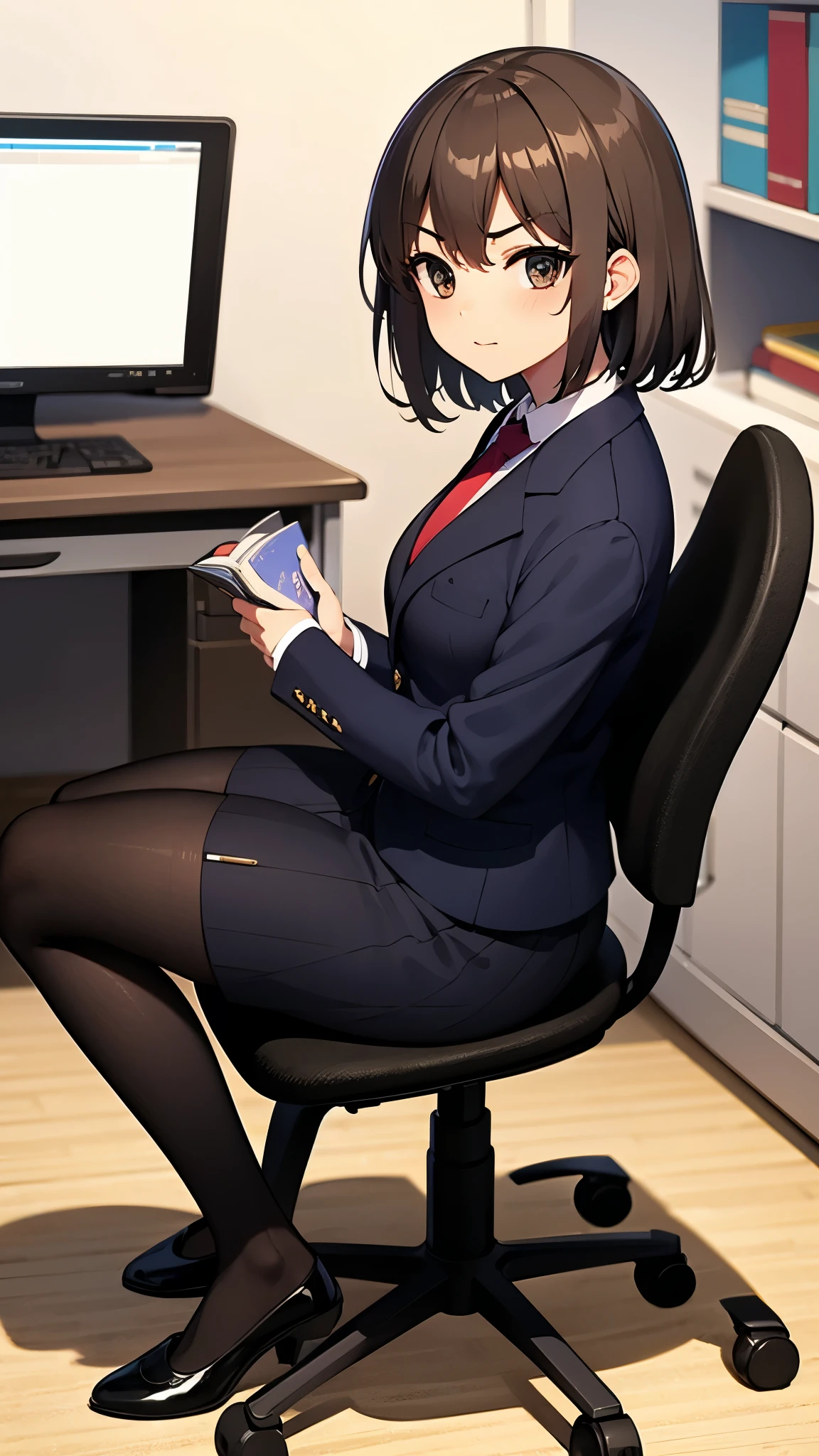 indoor, inside office, office desk, masterpiece, UHD, 8k, Best quality, wearing dark navy blue office lady suit, black pumps, black pantyhose, from side, focus face, sitting office chair, reading book, serious face,