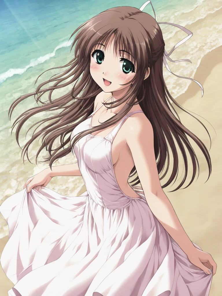 masterpiece, best quality, HinomoriAzusa, 1girl, solo, brown hair, long hair, green eyes, medium breasts, hair ribbon, smile, happy, blush, Backless Dress, white dress, A beach bathed in sunlight filtering through the trees, She accentuates her backless dress, cinematic angle,