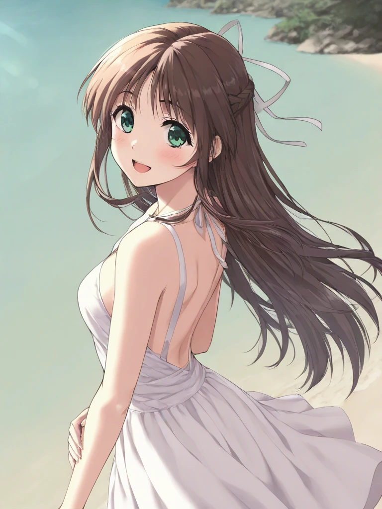 masterpiece, best quality, HinomoriAzusa, 1girl, solo, brown hair, long hair, green eyes, medium breasts, hair ribbon, smile, happy, blush, Backless Dress, white dress, A beach bathed in sunlight filtering through the trees, She accentuates her backless dress, cinematic angle,