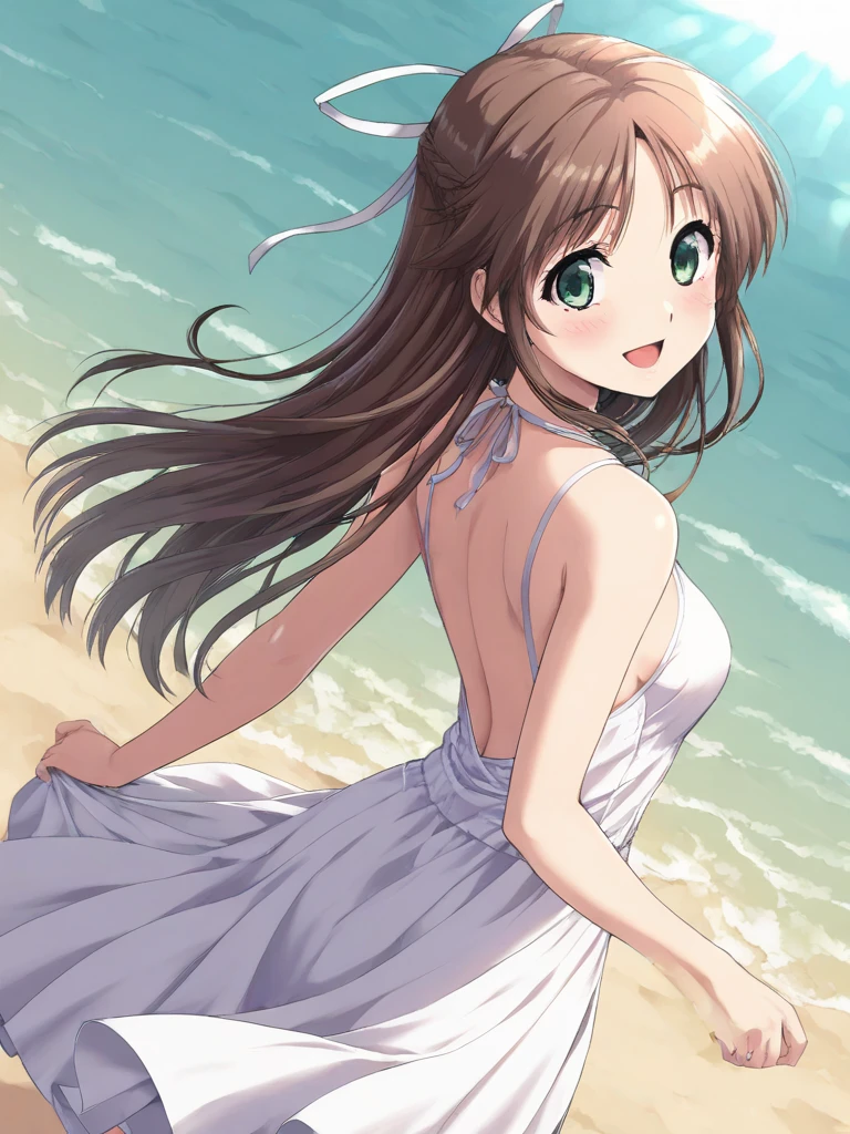 masterpiece, best quality, HinomoriAzusa, 1girl, solo, brown hair, long hair, green eyes, medium breasts, hair ribbon, smile, happy, blush, Backless Dress, white dress, A beach bathed in sunlight filtering through the trees, She accentuates her backless dress, cinematic angle,