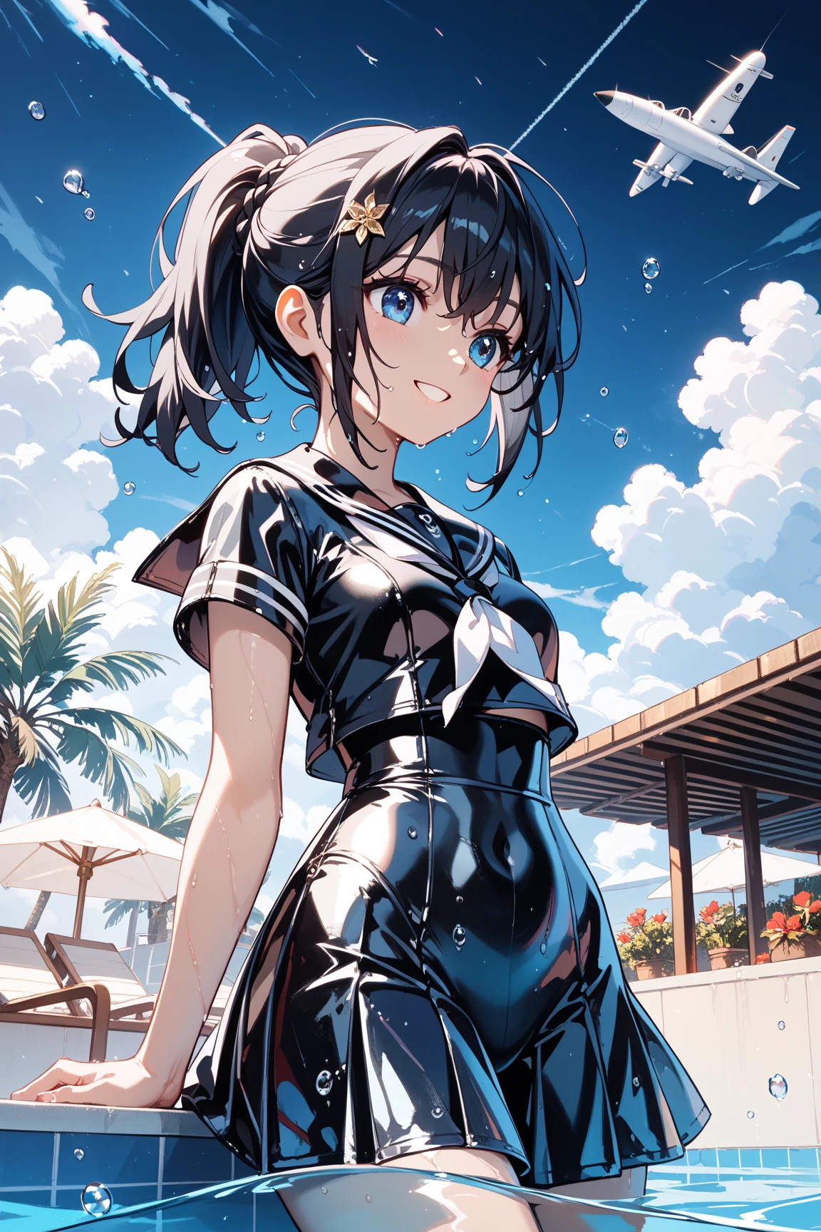  top quality , beautiful faces with great attention to detail,(( heavy rain in a completely dark outdoor pool )),fog,(Jet black sky ), focus on face ,Light from the front,(A 16-year-old girl standing casually by the pool and smiling embarrassingly),(( black rubber sailor suit made of black rubber {{{{ black rubber sailor suit made of black rubber }}}}and thin black rubber black {{ wet short ponytail black hair }})),( separate rubber skirt ), casual standing posture , small breasts,( blue eyes,  eye light ),( wet tight and thin ),(Many large raindrops and water droplets are floating), depth of field 