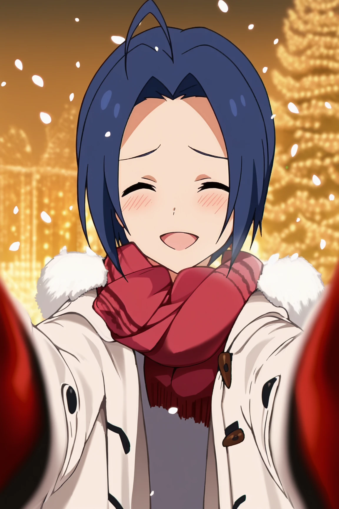 score_9, score_8_up, score_7_up, source_anime, official anime artwork, screencap, anime screencap, masterpiece, detailed face,
outside, Azusa Miura, 1girl, solo, Blue hair, ahoge, short hair, red eyes, 
pov cheek warming, pov cheek warming (meme), winter gloves, duffel coat, fur-trimmed scarf, winter clothes, red mittens, meme, winter coat, red scarf, fur-trimmed coat, reaching towards viewer, reaching, mittens, fur-trimmed hood, white coat, open coat, scarf, coat, red gloves, snowing, pov, fur trim, depth of field, smile, blush, looking at the viewer, sad expression, open mouth, closed eyes