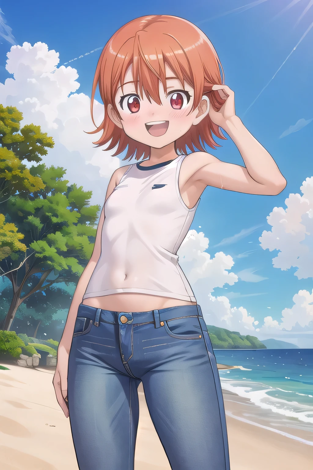 masterpiece,best quality,ultra detail,1girl, 14yo, petite, ((round face, ecstasy, orgasm face, drooping eyes, shame smiling, blush)), dropping eyes, sleepy, background((under the beach, (day:1.2), under sand beach, bright sky)), takenouchi_sora, short hair, orange hair, red eyes, arms behind head, contrapposto, spread armpits, looking at viewer,, loose shirt, Yellow T-shirt, crop tee, sleeveless, (jeans pants:1.2, flares jeans:1.2, skinny jeans:1.2, blue jeans:1.2), standing, (legs spread:3:1), dynamic pose, Sweaty crotch, Steam from the crotch, from below, full body