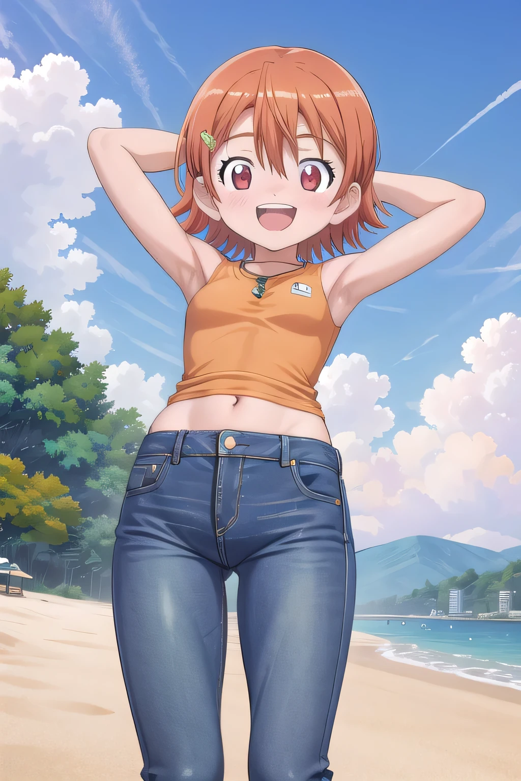 masterpiece,best quality,ultra detail,1girl, 14yo, petite, ((round face, ecstasy, orgasm face, drooping eyes, shame smiling, blush)), dropping eyes, sleepy, background((under the beach, (day:1.2), under sand beach, bright sky)), takenouchi_sora, short hair, orange hair, red eyes, arms behind head, contrapposto, spread armpits, looking at viewer,, loose shirt, Yellow T-shirt, crop tee, sleeveless, (jeans pants:1.2, flares jeans:1.2, skinny jeans:1.2, blue jeans:1.2), standing, (legs spread:3:1), dynamic pose, Sweaty crotch, Steam from the crotch, from below, full body