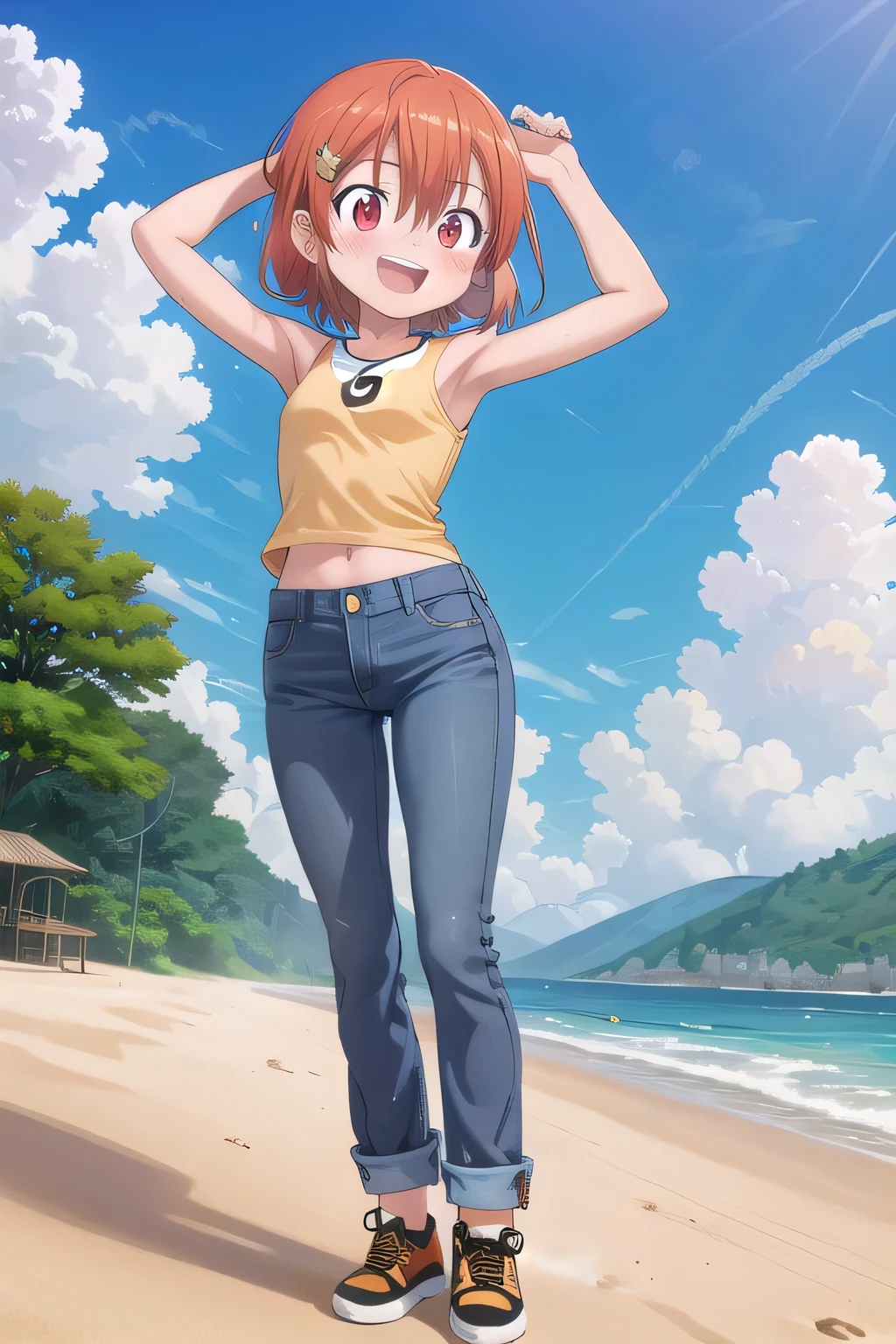 masterpiece,best quality,ultra detail,1girl, 14yo, petite, ((round face, ecstasy, orgasm face, drooping eyes, shame smiling, blush)), dropping eyes, sleepy, background((under the beach, (day:1.2), under sand beach, bright sky)), takenouchi_sora, short hair, orange hair, red eyes, arms behind head, contrapposto, spread armpits, looking at viewer,, loose shirt, Yellow T-shirt, crop tee, sleeveless, (jeans pants:1.2, flares jeans:1.2, skinny jeans:1.2, blue jeans:1.2), standing, (legs spread:3:1), dynamic pose, Sweaty crotch, Steam from the crotch, from below, full body