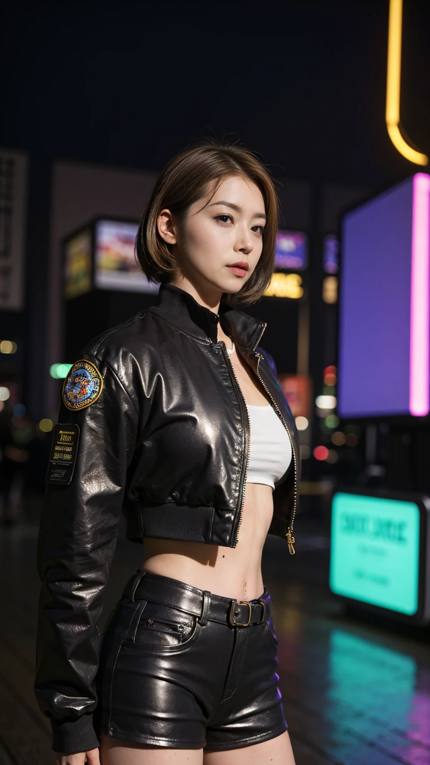 solo,  high res, accurate, masterpiece,  anatomically correct ,  top quality ,  Ultra Fine,  textured skin , woman、4K、 big breasts、 perfect style、(( cyberpunk)),  slender body at the excited beach、((I'm wearing a flight jacket with lots of patches on my upper body and leather hotpants on my lower body)), ((( The background is a glittering neon city with rain at night))),  looking at me 、クールなwoman、(( golden belly short hair split in the center )),