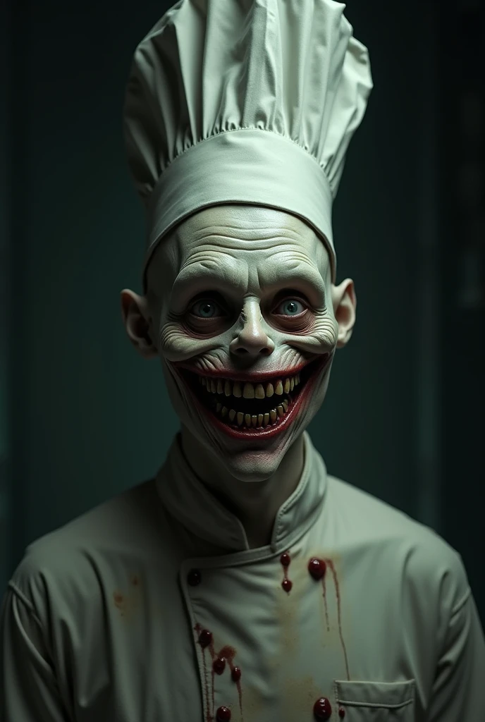 arafed man in a white shirt and a white hat with a knife, cgsociety 9, horror fantasy art, cgsociety ), detailed 4k horror artwork, creepy evil smile, scary smile, horror!! highly detailed, horror smile, zbrush central contest winner, evil grin, zbrush contest winner, hyper realism scary, fantasy horror art, mad grin