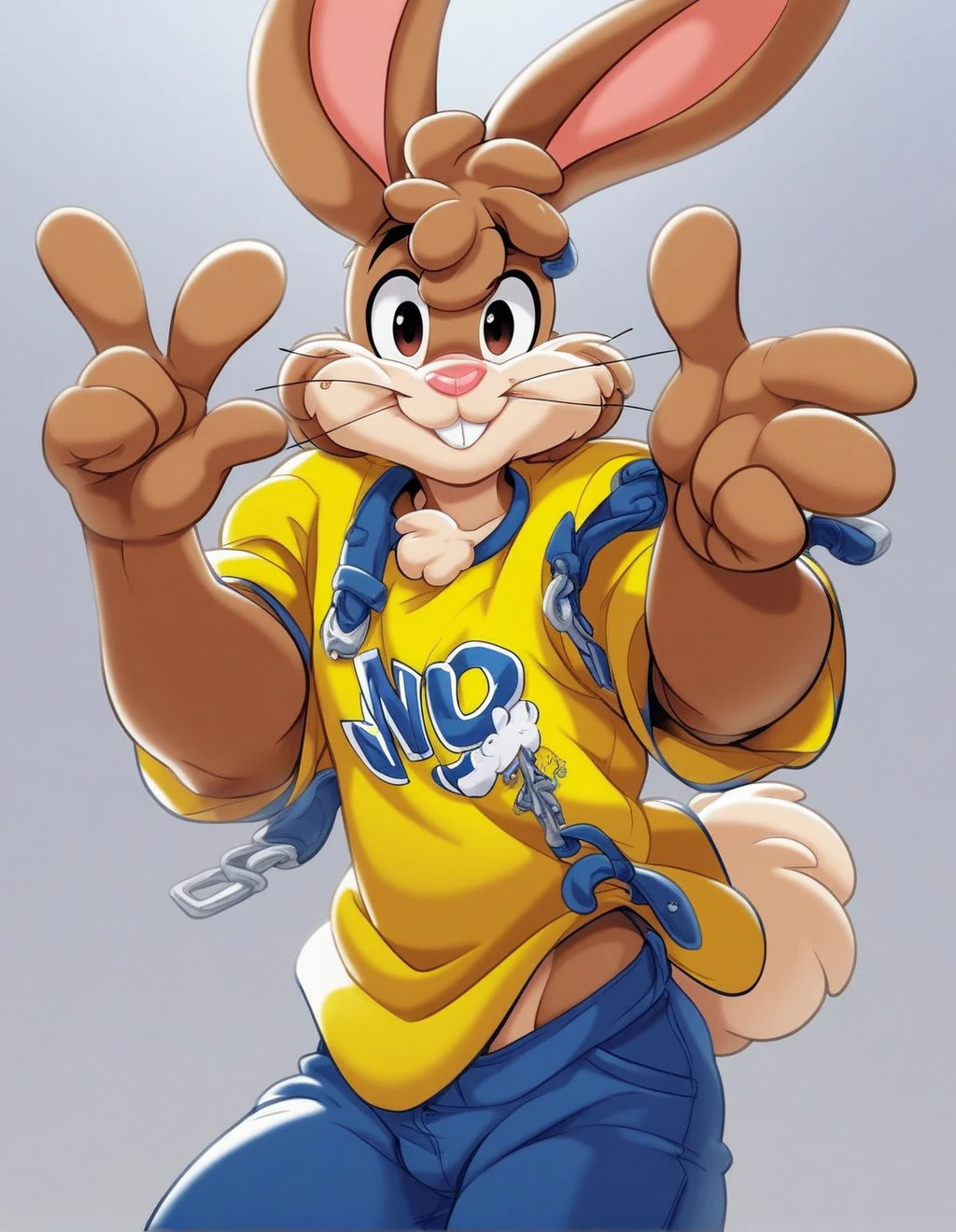 zPDXL3,quicky,4 fingers,brown fur,pants, yellow shirt, standing, young 20 year old adult, cute version of quicky, cute puffy rabbit hair, furry, rabbit, male, gay, femboy, handsome, two extremely handsome rabbits standing by side, slim,solo,looking_at_viewer,