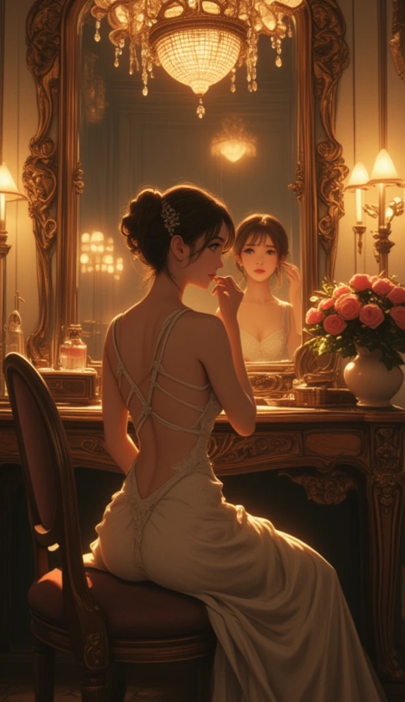 (Masterpiece, High Quality, High Definition, 4k, 8k, detail), an elegant woman sits in a plush fitting room chair, wearing an open-back dress. The room is softly lit by the warm golden light emanating from the vintage chandelier above. She is putting the final touches on her makeup, facing an elaborately decorated antique mirror. Her back is beautifully exposed, highlighted by the intricate design of the straps of her blue dress. The room is filled with delicate details: a velvet chair, an antique perfume bottle on a wooden dressing table, and a bouquet of fresh roses in a vase. The ambiance is serene and one is filled with anticipation for the grand event she is about to attend. Chic colors, cinematic
