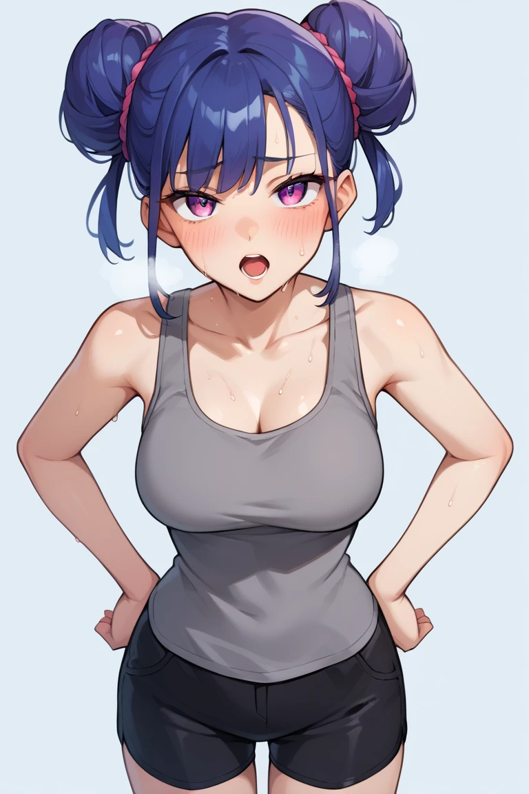 zPDXL2, source_anime, 
leiaxl, 1girl, solo,looking at viewer, breasts, double bun, gray tank top, black shorts, ,hands on hips, open mouth, out of breath, sweaty, chin sweat
 