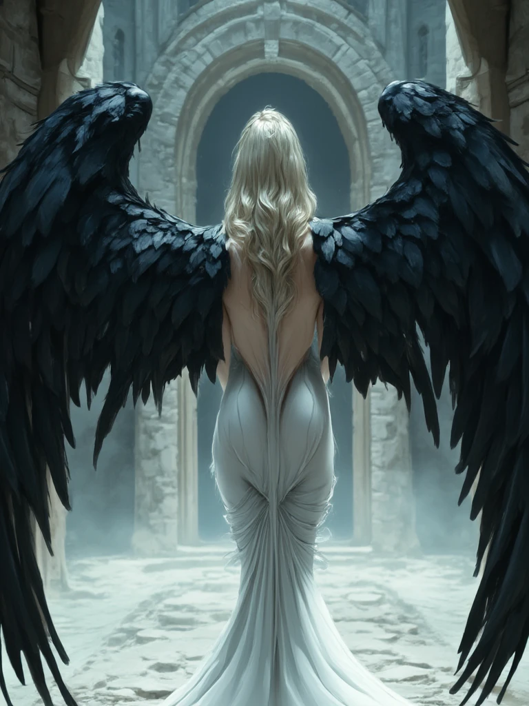 a model shot (taken from the back: 1.5), 16K, ultra detailed, masterpiece, best quality, (extremely detailed), arafed, dnd art, portrait, full body, aasimar, female, (Masterpiece 1.3, intense details), female, paladin, holy warrior, spread large feathered wings, (wings sprouting from the back: 1.3), majestic wings, white angelic wings spread (Masterpiece, intense details: 1.5), moon light, moon, stars, clouds, holy symbol, armed with sword, short blond hair, dark fantasy cemetery background, anatomically correct (Masterpiece 1.3, intense details), angel_wings, determined face, god rays, cinematic lighting, glowing light, silhouette, from outside, photorealism, panoramic view (Masterpiece 1.3, intense details) , Wide-Angle, Ultra-Wide Angle, 16k, highres, best quality, high details
