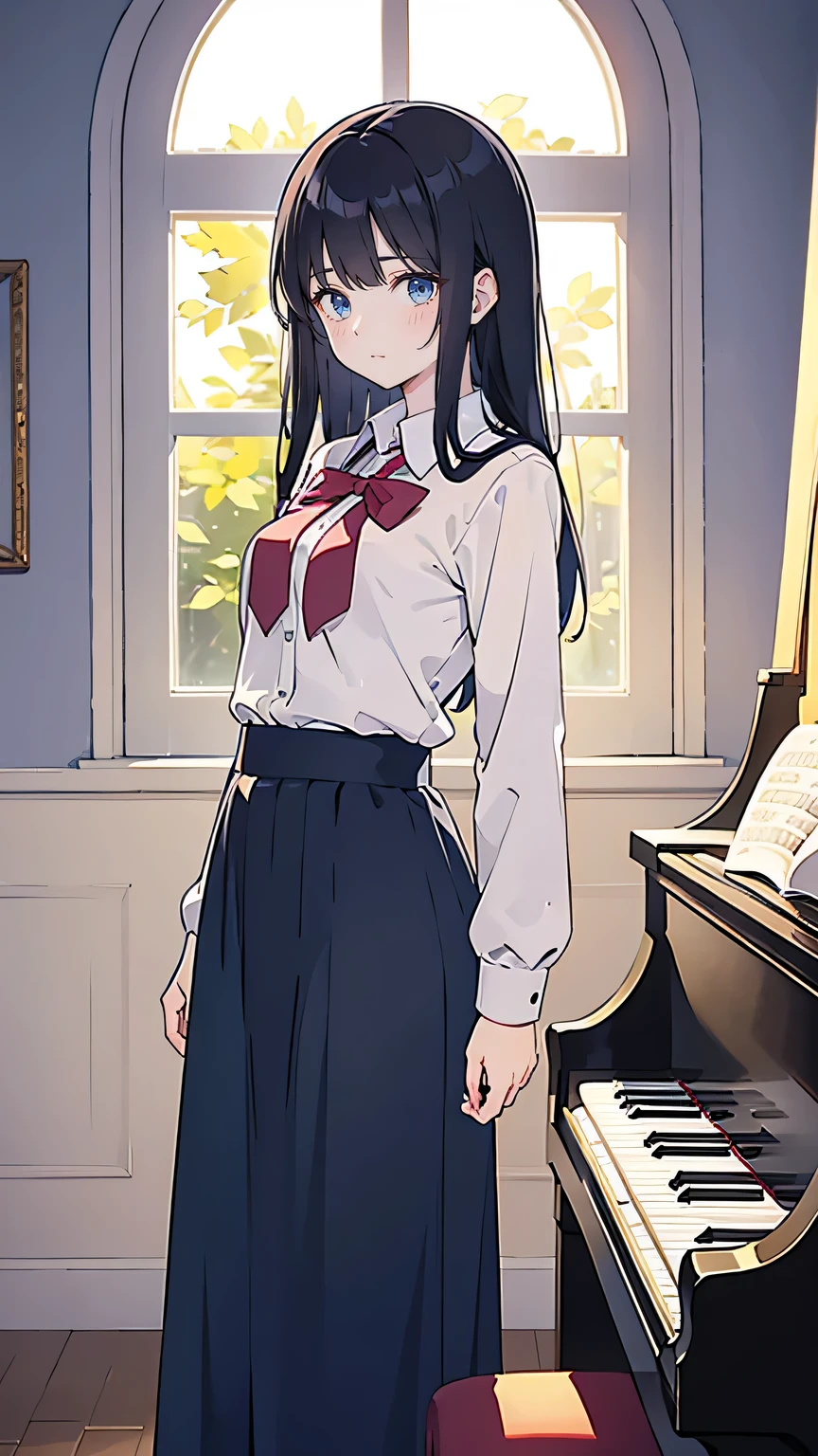 “High school girl wearing a neatly pressed school uniform, standing with a confident and composed expression. She has long, straight black hair that reaches her waist, and her sharp, focused eyes reflect her strong sense of responsibility as the current choir leader. She stands tall with arms crossed, next to a piano in the music room. The atmosphere around her is serious yet caring, as she looks after the younger choir members. The sunlight through the windows casts a soft glow on her serious demeanor.”