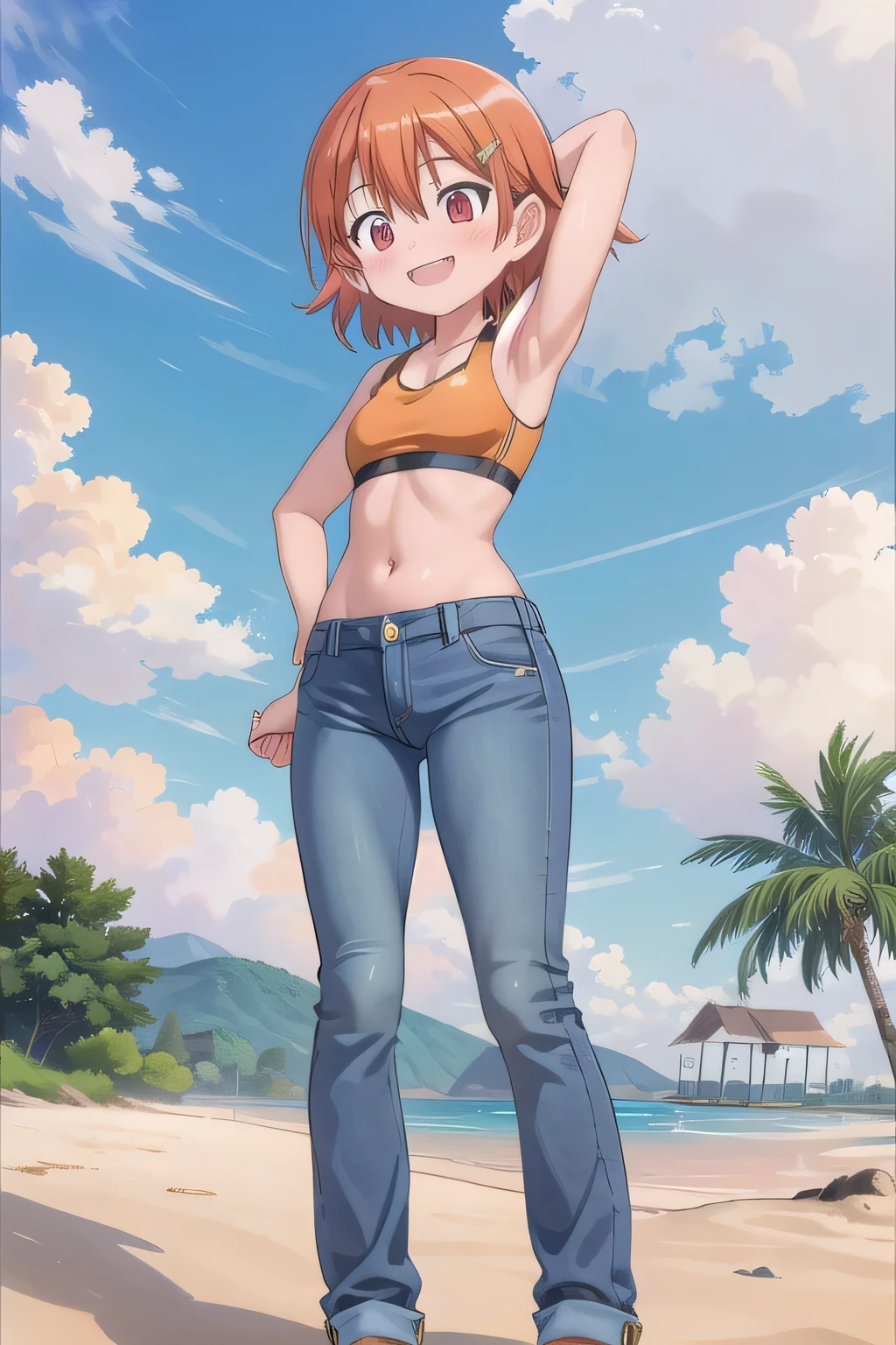 masterpiece,best quality,ultra detail,1girl, 14yo, petite, ((round face, ecstasy, orgasm face, drooping eyes, shame smiling, blush)), dropping eyes, sleepy, background((under the beach, (day:1.2), under sand beach, bright sky)), takenouchi_sora, short hair, orange hair, red eyes, arms behind head, contrapposto, spread armpits, looking at viewer,, Yellow sports bra, (jeans pants:1.2, flares jeans:1.2, skinny jeans:1.2, blue jeans:1.2), standing, (legs spread:3:1), dynamic pose, Sweaty crotch, Steam from the crotch, from below, full body