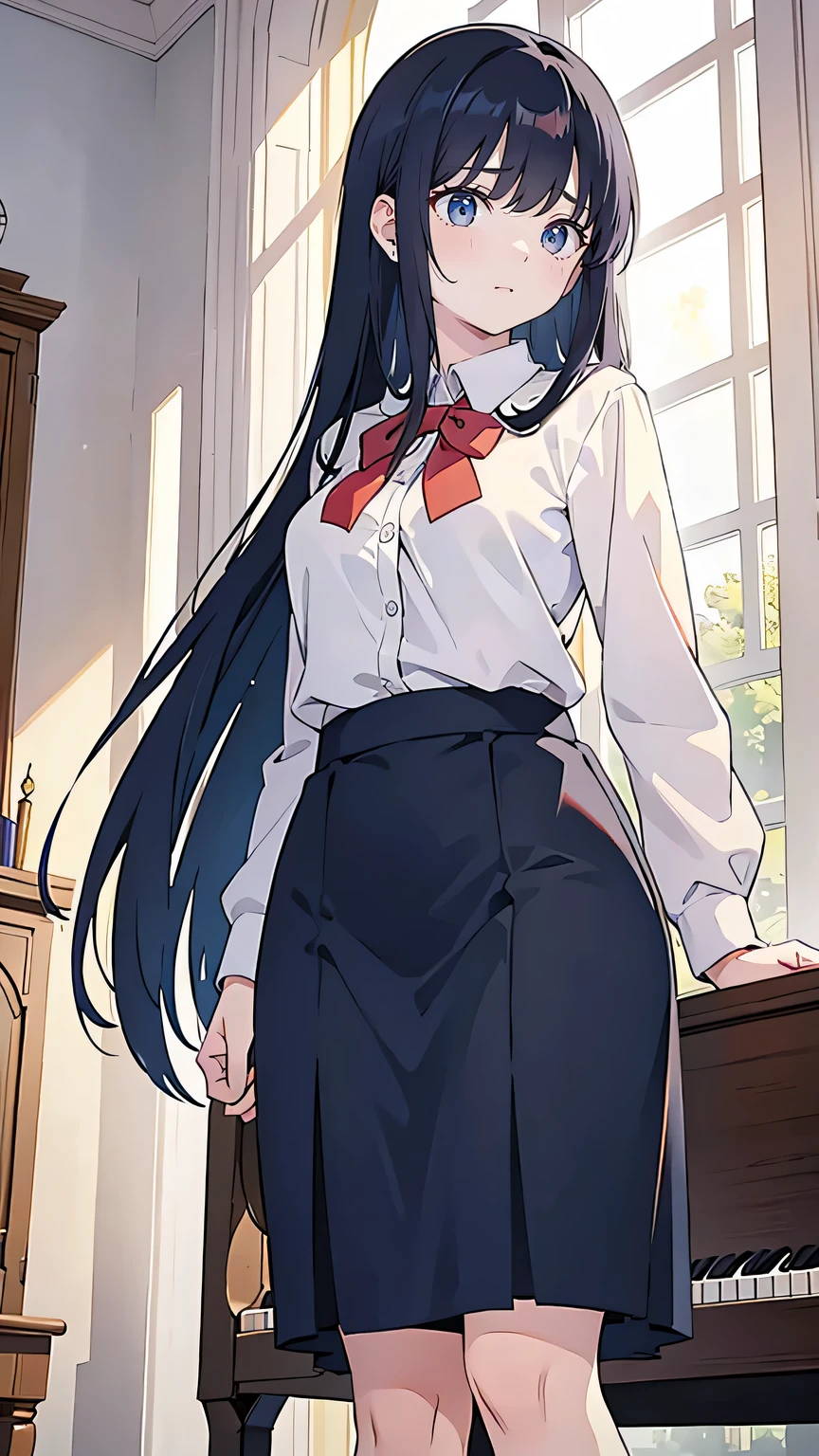 “High school girl wearing a neatly pressed school uniform, standing with a confident and composed expression. She has long, straight black hair that reaches her waist, and her sharp, focused eyes reflect her strong sense of responsibility as the current choir leader. She stands tall with arms crossed, next to a piano in the music room. The atmosphere around her is serious yet caring, as she looks after the younger choir members. The sunlight through the windows casts a soft glow on her serious demeanor.”