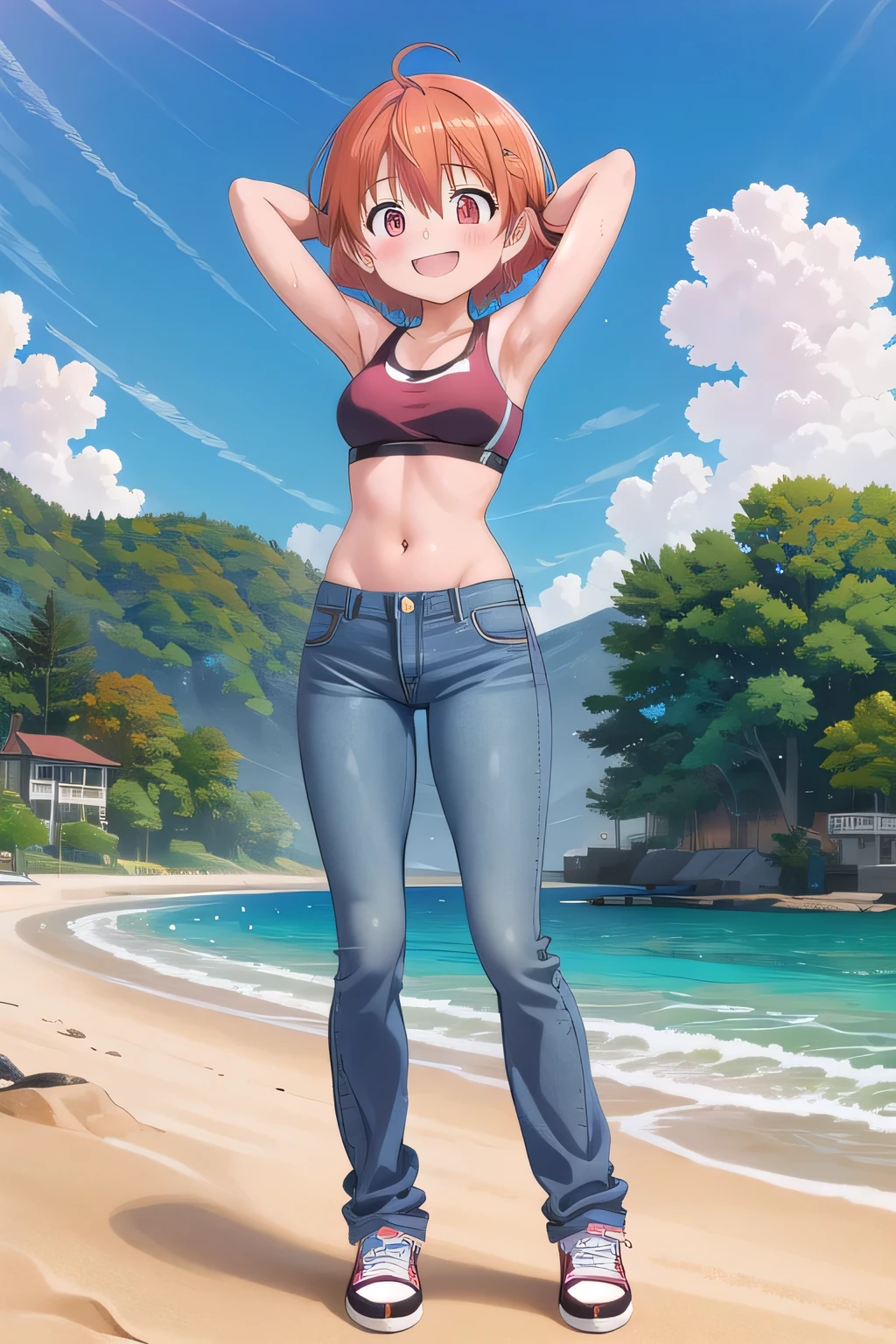 masterpiece,best quality,ultra detail,1girl, 14yo, petite, ((round face, ecstasy, orgasm face, drooping eyes, shame smiling, blush)), dropping eyes, sleepy, background((under the beach, (day:1.2), under sand beach, bright sky)), takenouchi_sora, short hair, orange hair, red eyes, arms behind head, contrapposto, spread armpits, looking at viewer,, Yellow sports bra, (jeans pants:1.2, flares jeans:1.2, skinny jeans:1.2, blue jeans:1.2), standing, (legs spread:3:1), dynamic pose, Sweaty crotch, Steam from the crotch, from below, full body