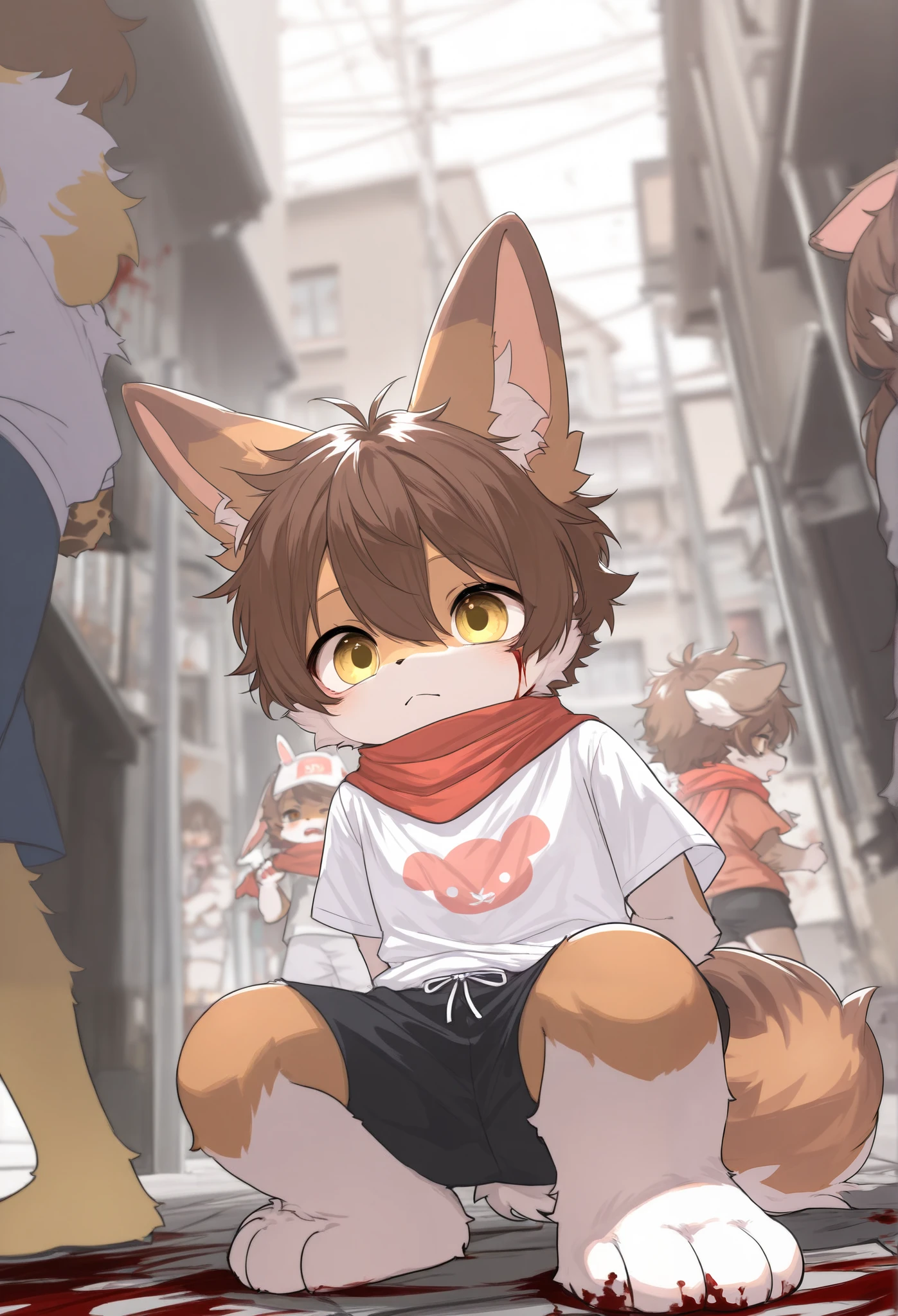 Bunny Girl，furry girl， **ddlers， Brown hair ，Red scarf， shorts，Short sleeve，Blood