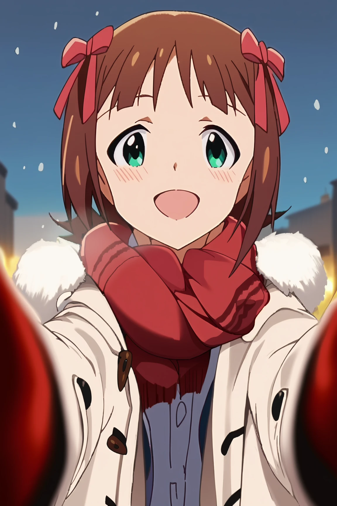 score_9, score_8_up, score_7_up, source_anime, official anime artwork, screencap, anime screencap, masterpiece, detailed face, 
 Haruka Amami, 1girl, brown hair, ribbon, green eyes, short hair, hair ribbon, solo, pov cheek warming, pov cheek warming (meme), winter gloves, duffel coat, fur-trimmed scarf, winter clothes, red mittens, meme, winter coat, red scarf, fur-trimmed coat, reaching towards viewer, reaching, mittens, fur-trimmed hood, white coat, open coat, scarf, coat, red gloves, snowing, pov, fur trim, depth of field, smile, blush, sad expression, open mouth
looking at the viewer, happy girl, cute girl