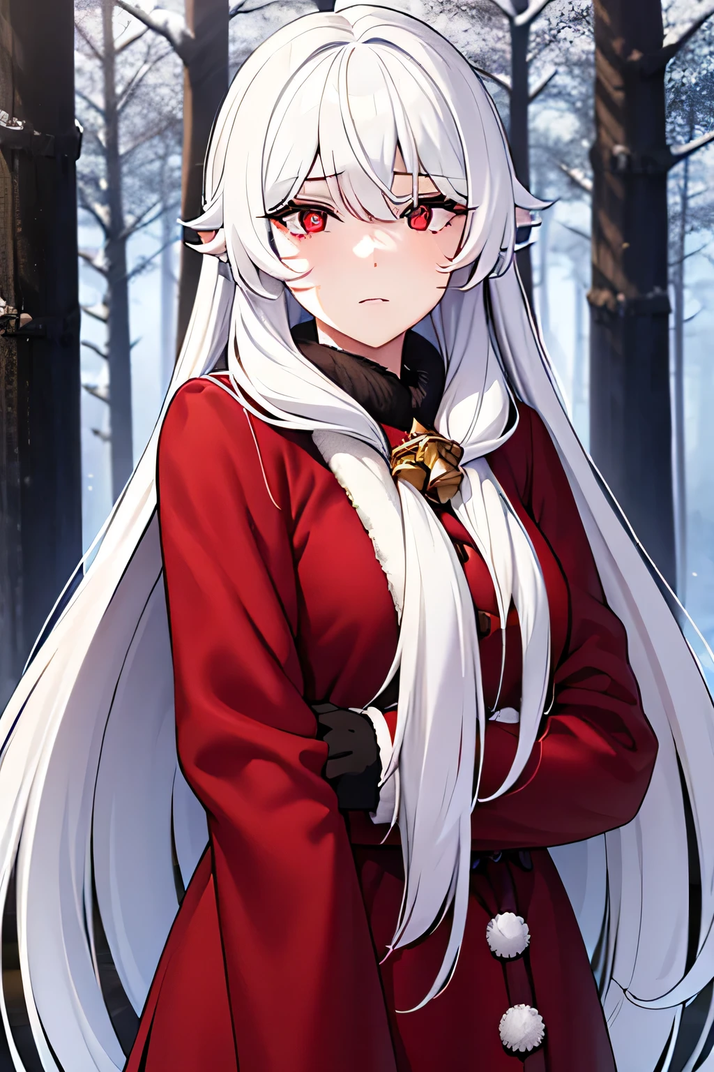  girl with long white hair,  with red eyes,  left cheek scar , winter forest,  christmas clothes