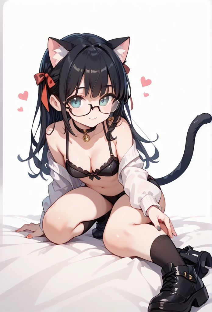 Black hair, cat ears, glasses, tail, the road to delicious treats