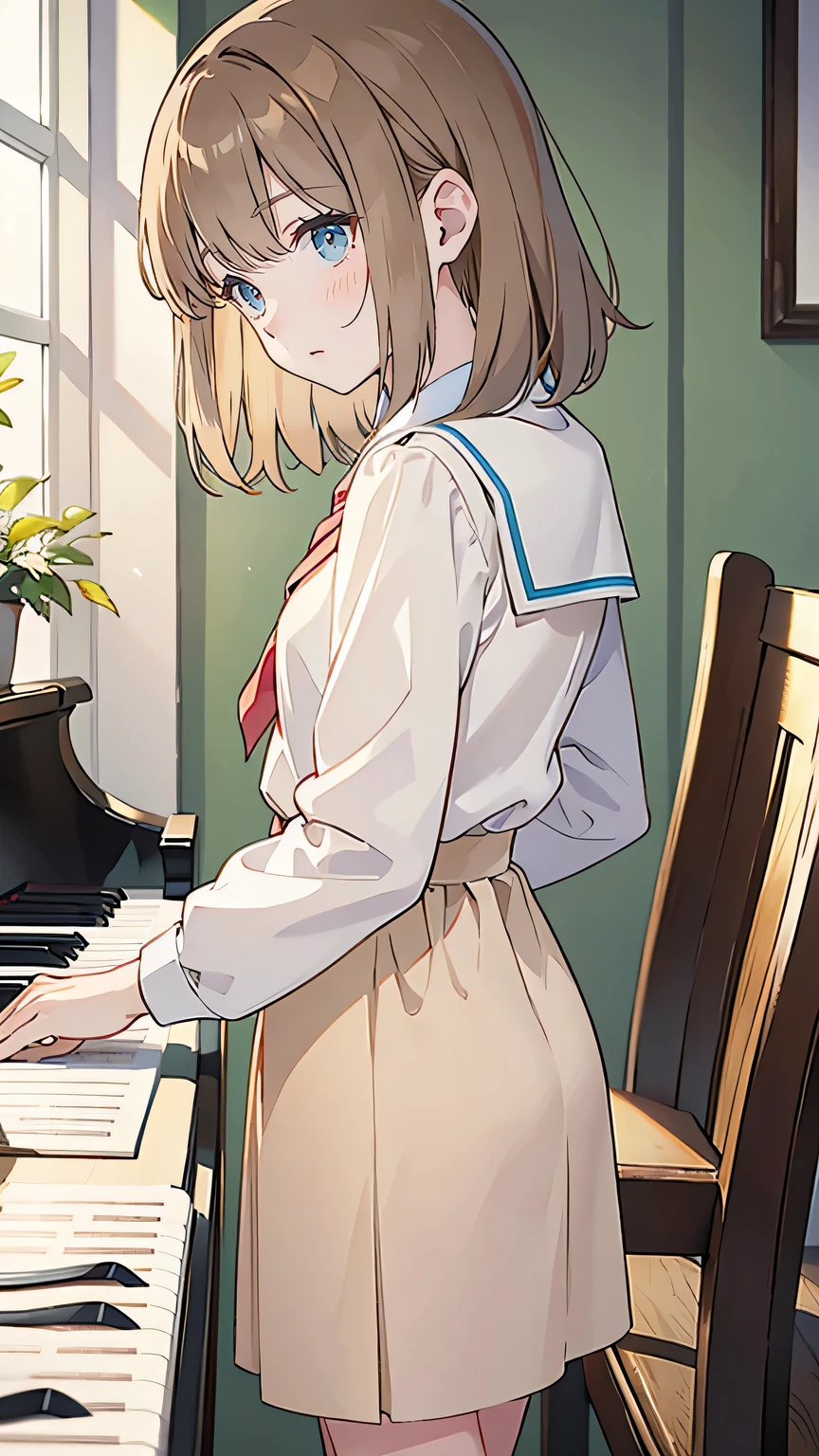 “High school girl with short, light brown hair and a shy, gentle expression. She is wearing a school uniform and stands hesitantly, holding a music sheet in both hands. Her posture is slightly nervous, showing her lack of confidence, but there is a quiet determination in her eyes. Her voice is delicate yet powerful, and she is positioned in front of the piano, with sunlight streaming in from behind, giving her a soft, hopeful glow.”