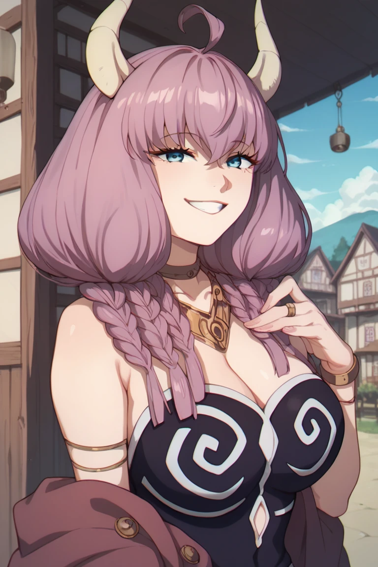   1 girl, Alone, Chest, Large Chest, aura　guillotine, Big Breasts,smile,  viewers, anime style,Around town