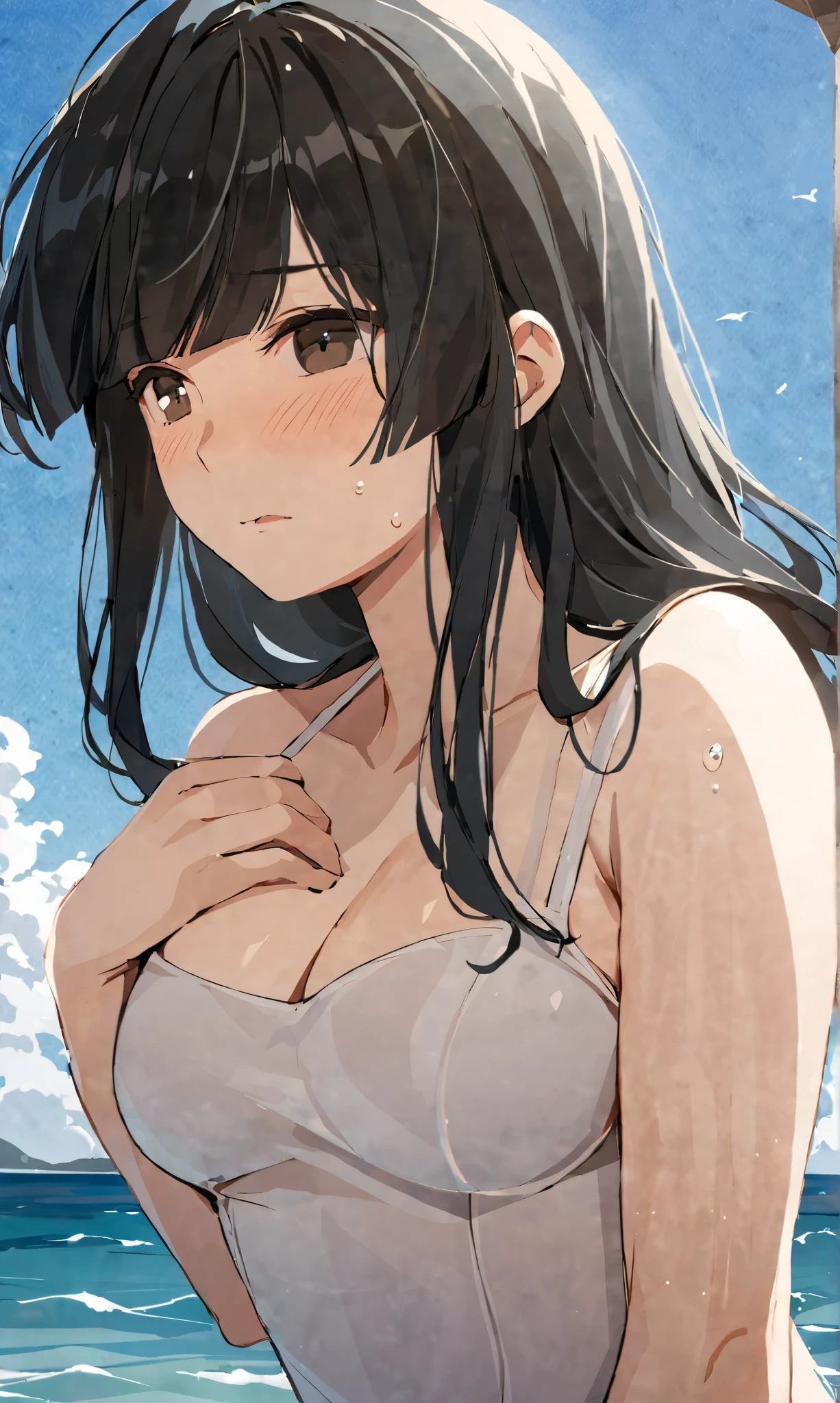 masterpiece,best quality, solo, eda, bangs, black hair, upper body,blue sky,cloud, shy expression, medium breast, hot, thicc, swimsuit , ocean, water, she is hiding her chest, she is shy, embarrassed, her chest is a little smaller medium
