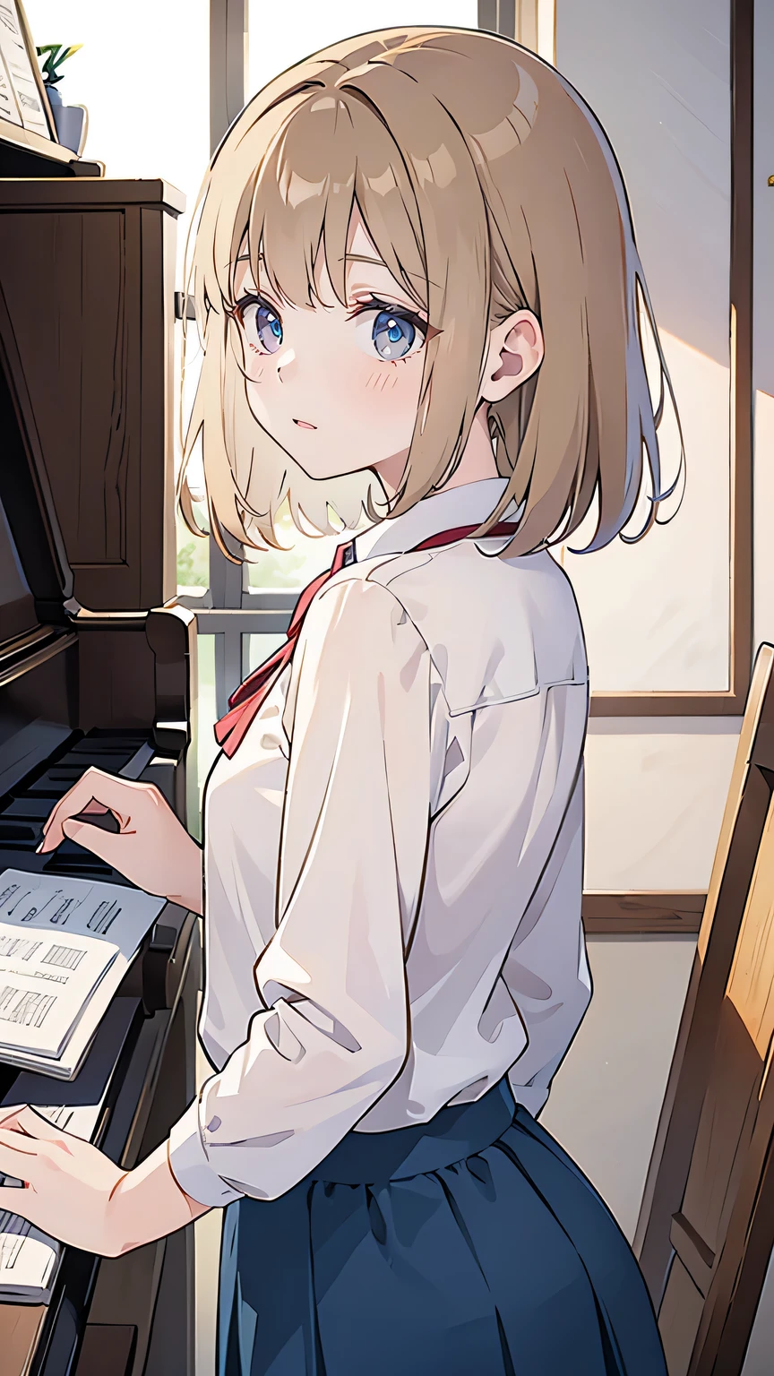 “High school girl with short, light brown hair and a shy, gentle expression. She is wearing a school uniform and stands hesitantly, holding a music sheet in both hands. Her posture is slightly nervous, showing her lack of confidence, but there is a quiet determination in her eyes. Her voice is delicate yet powerful, and she is positioned in front of the piano, with sunlight streaming in from behind, giving her a soft, hopeful glow.”