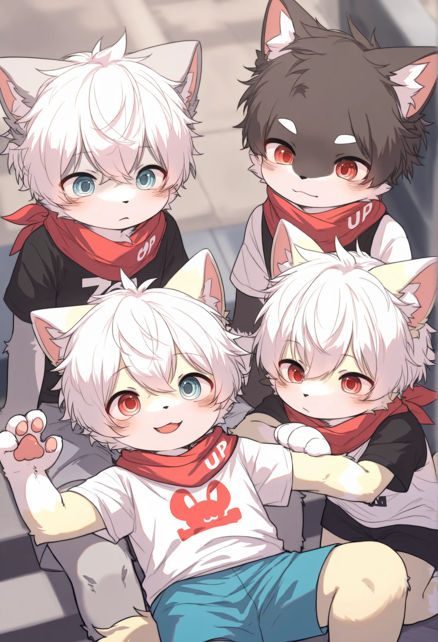 Bunny Boy，furry boy， **ddlers， white hair，Red scarf， shorts，Short sleeve，