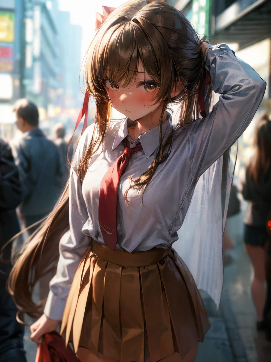 (masterpiece, highest quality:1.2)、(1 girl), cowboy shot,solo,1woman,brown hair,long hair,(center parted bangs),brown eyes,gorgeous eyes,((very small head:1.3)),shy,Heavy breathing,((very long body:1.2,skinny)),medium breasts,(tan skin:1.3),(Red ribbon tie、White collared shirt、Long sleeve navy blue pleated mini skirt),gleaming skin,toned body,slender body、Wet crotch、sweat,on street,Shibuya、Modern Tokyo、, (nsfw) 